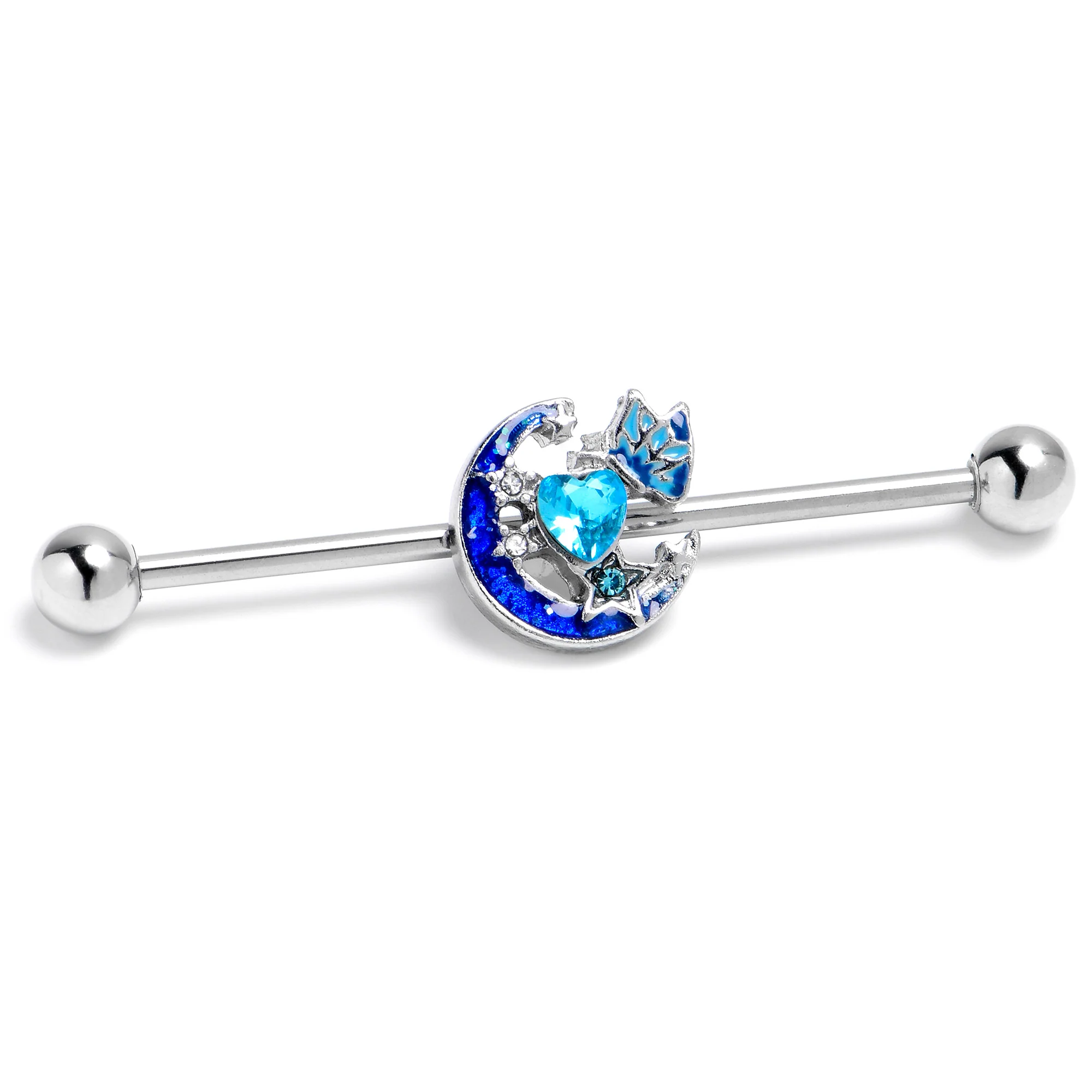 14G Blue CZ Gem Butterfly Love Heart Industrial Barbell 38mm - Image 4