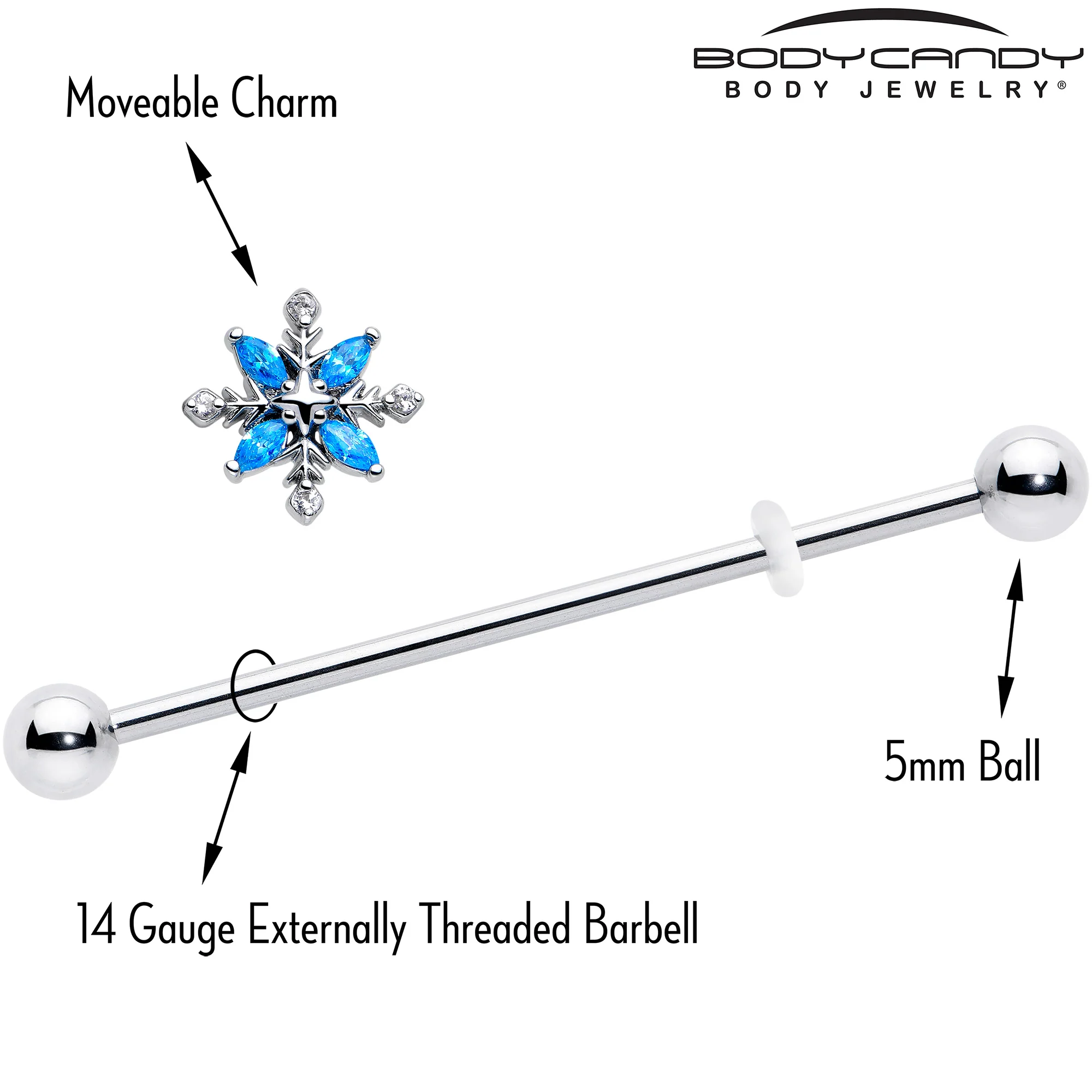 14G Blue CZ Gem Classic Flower Industrial Barbell 38mm - Image 4