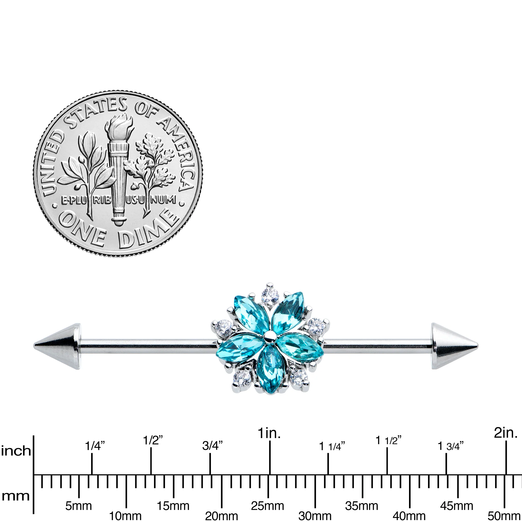 14G Blue CZ Gem Floral Baroque Burst Cone Industrial Barbell 38mm - Image 3