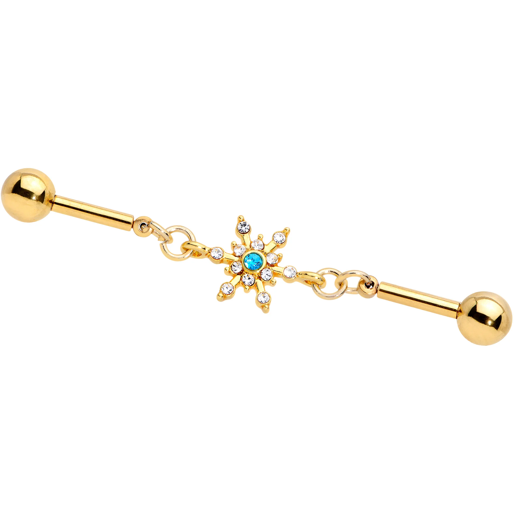 14G Blue CZ Gem Gold Hue Snowflake Double Industrial Barbell 38mm - Image 4