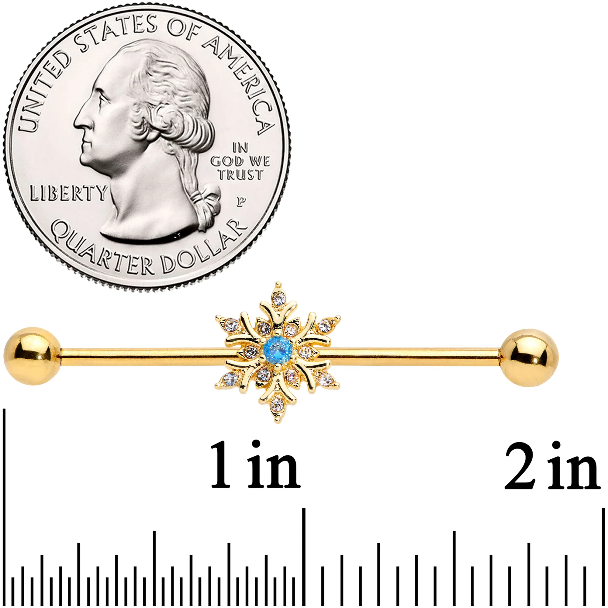 14G Blue CZ Gem Gold Tone Snowflake Industrial Barbell 38mm - Image 2
