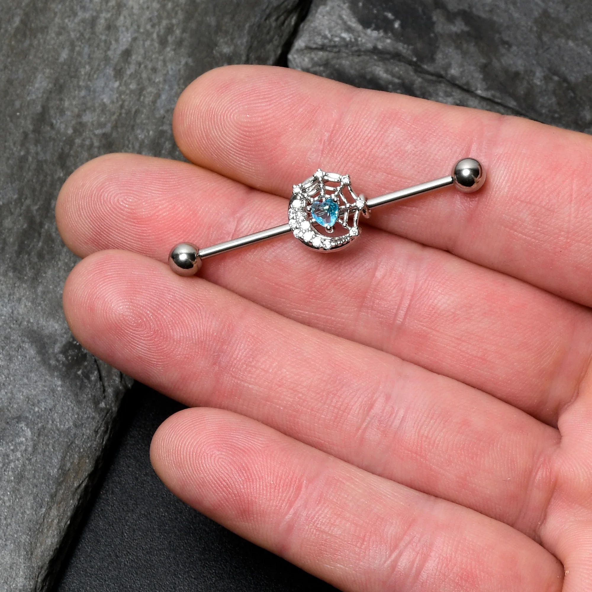 14G Blue CZ Gem Heart Web Moon Industrial Barbell 38mm - Image 3
