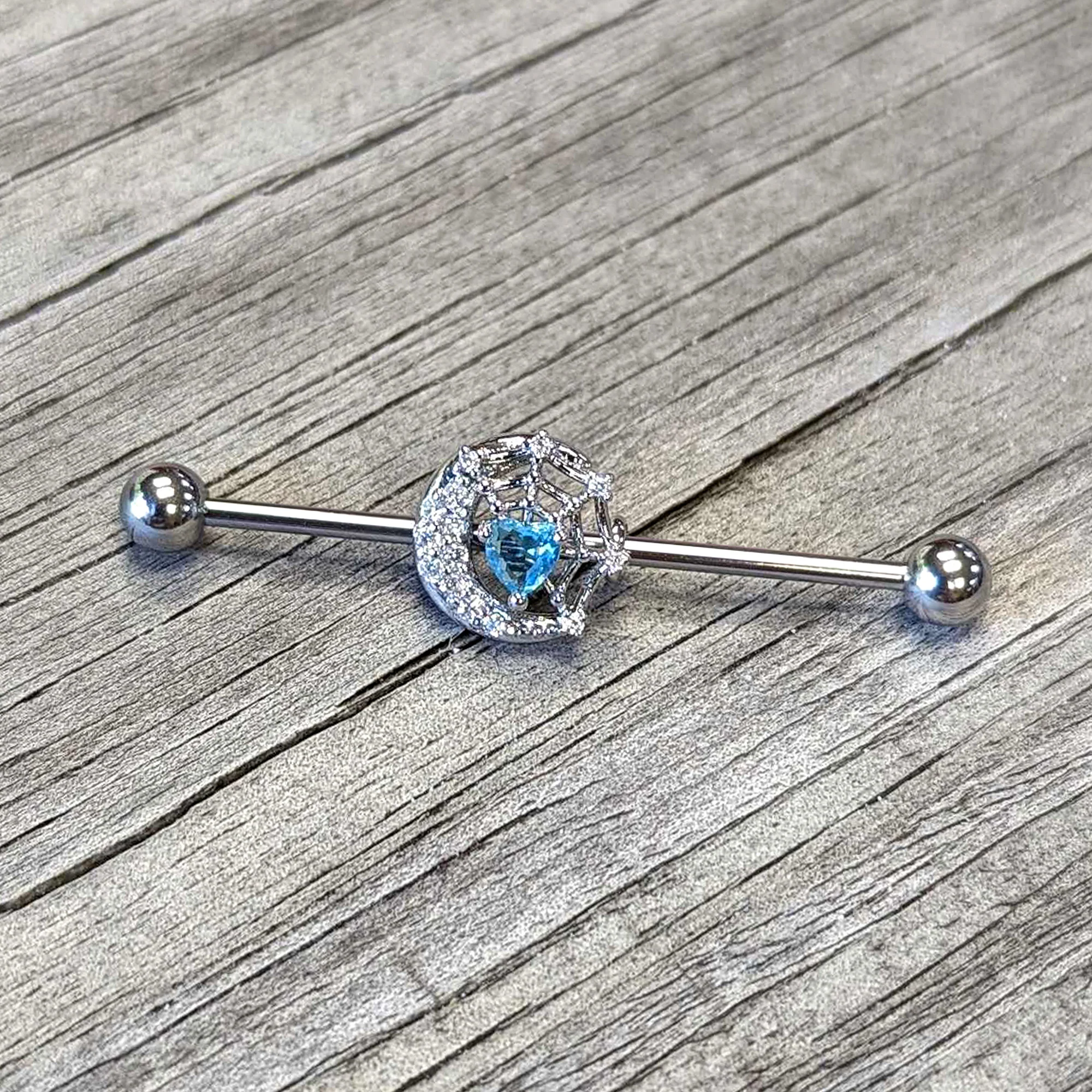 14G Blue CZ Gem Heart Web Moon Industrial Barbell 38mm - Image 4