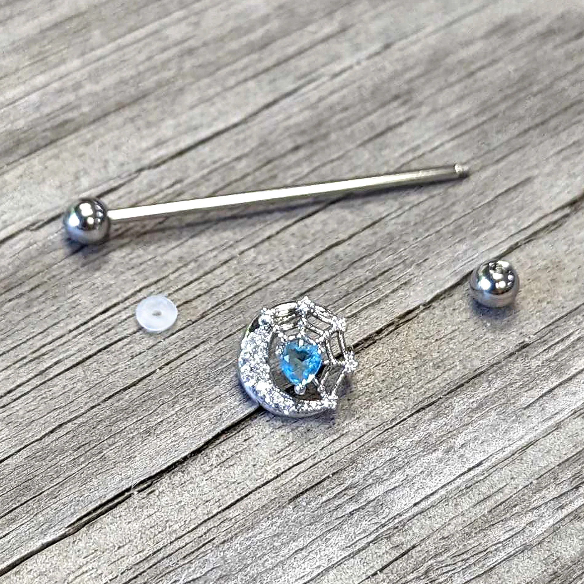 14G Blue CZ Gem Heart Web Moon Industrial Barbell 38mm - Image 5