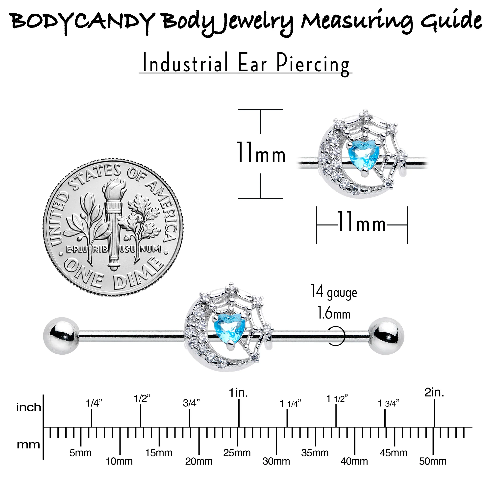 14G Blue CZ Gem Heart Web Moon Industrial Barbell 38mm - Image 6