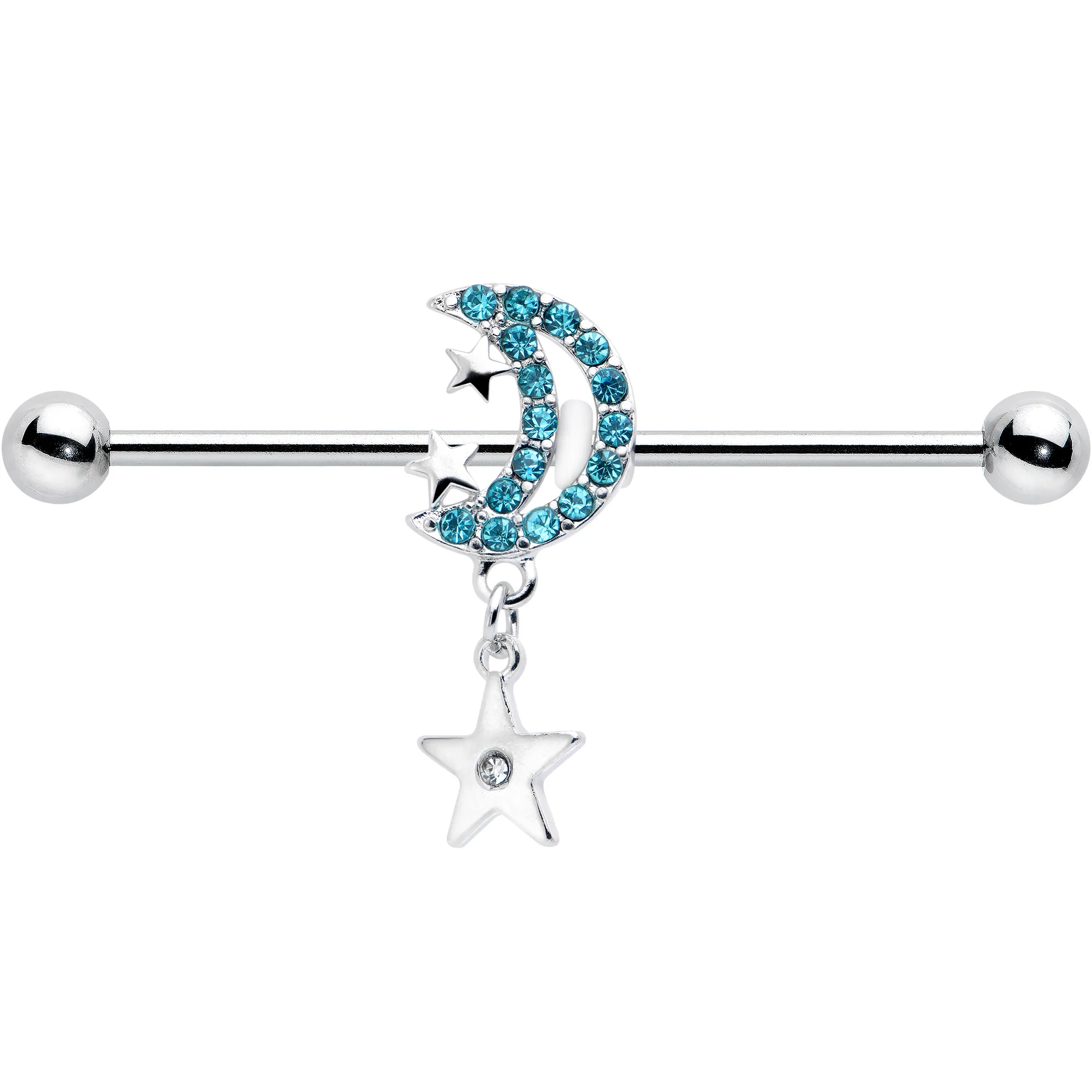 14G Blue CZ Gem Moon Dangle Star Industrial Barbell 38mm - Image 2