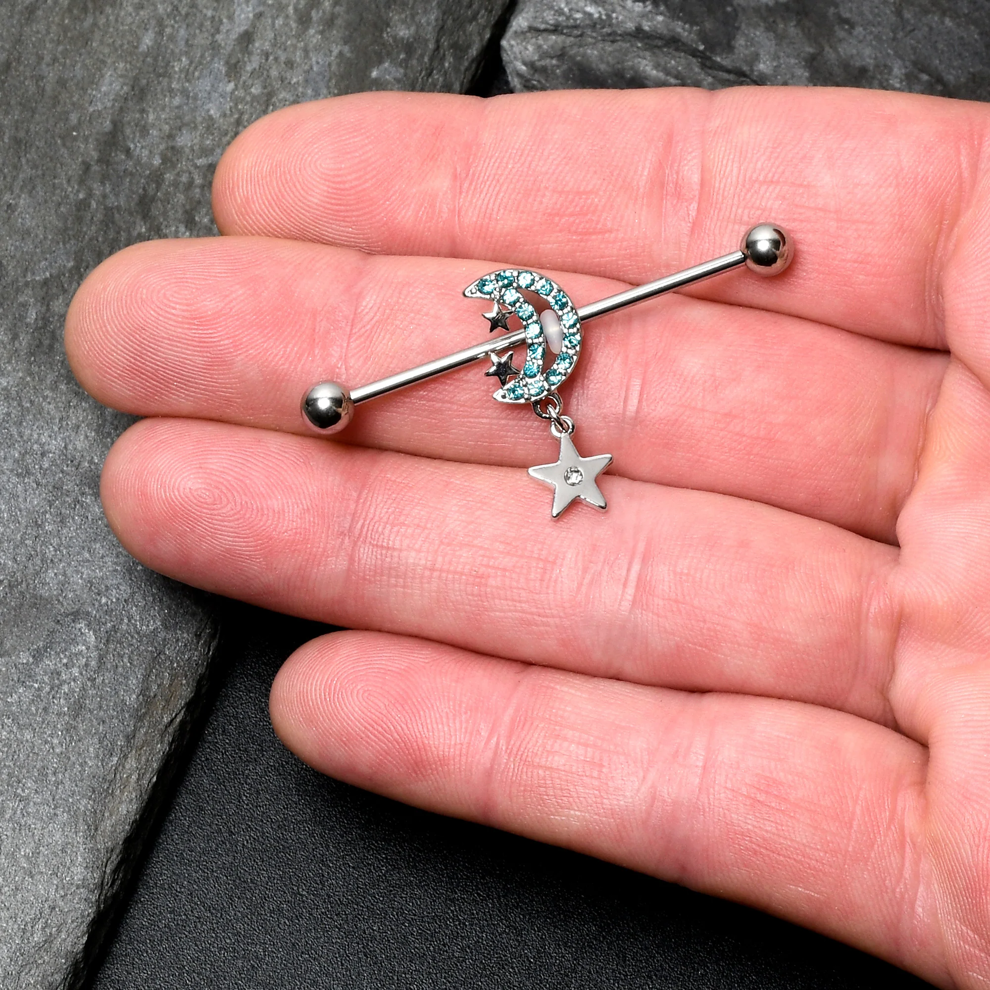 14G Blue CZ Gem Moon Dangle Star Industrial Barbell 38mm - Image 3
