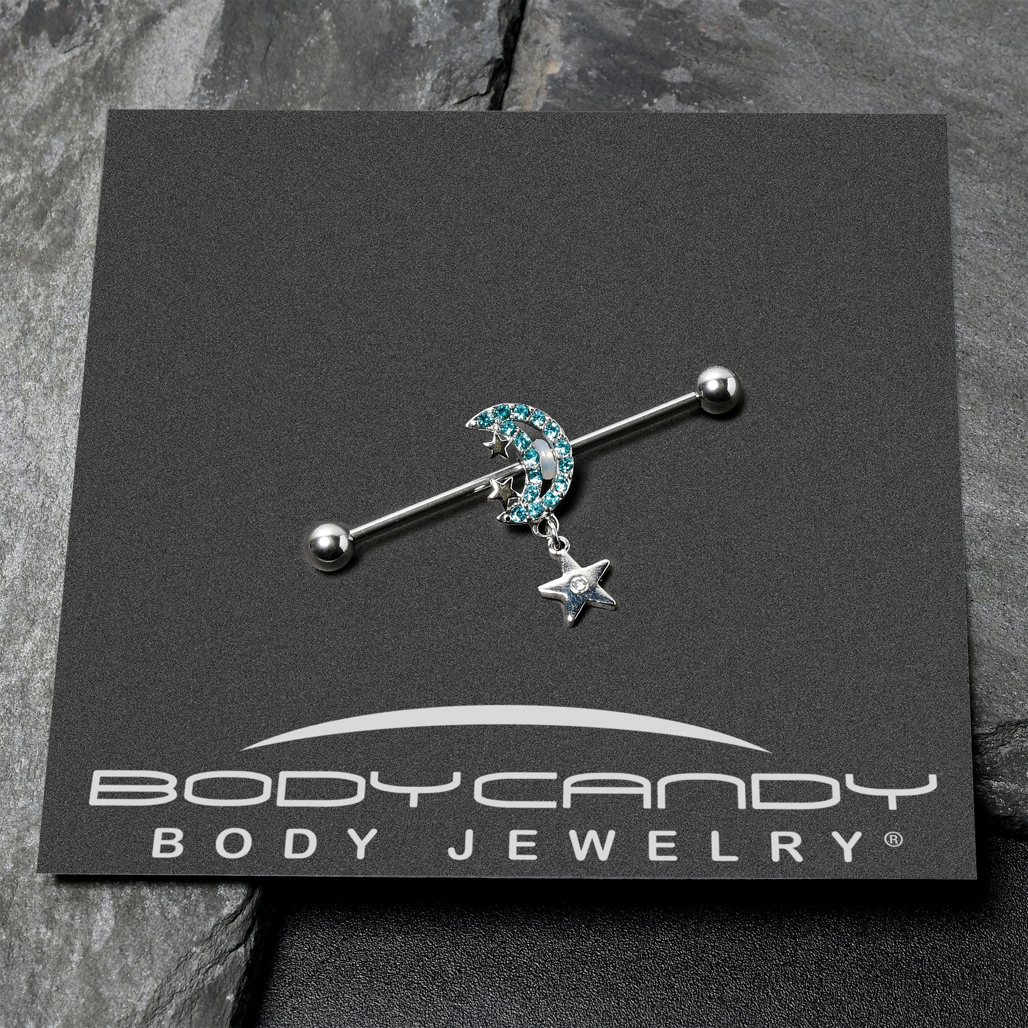 14G Blue CZ Gem Moon Dangle Star Industrial Barbell 38mm - Image 4