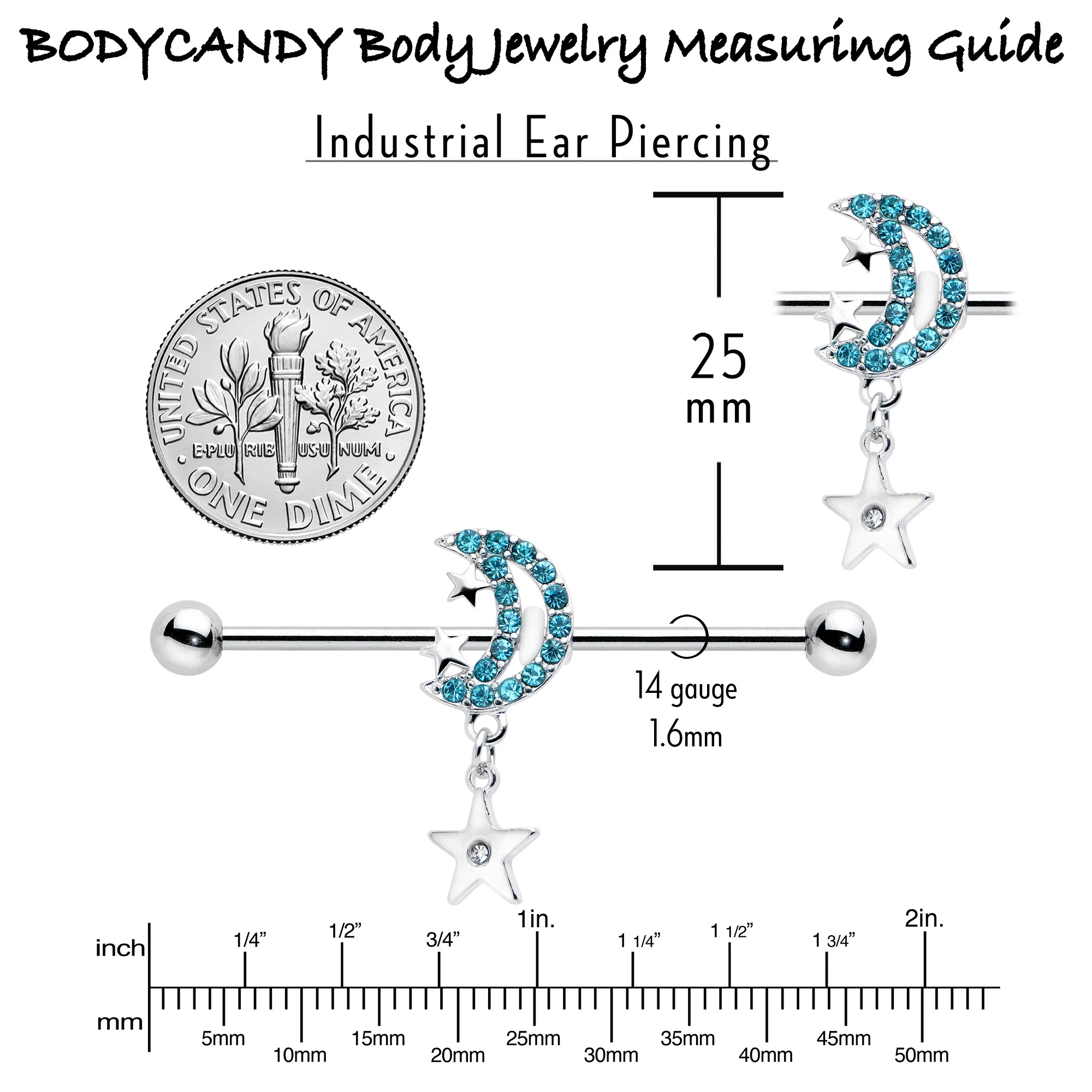 14G Blue CZ Gem Moon Dangle Star Industrial Barbell 38mm - Image 5