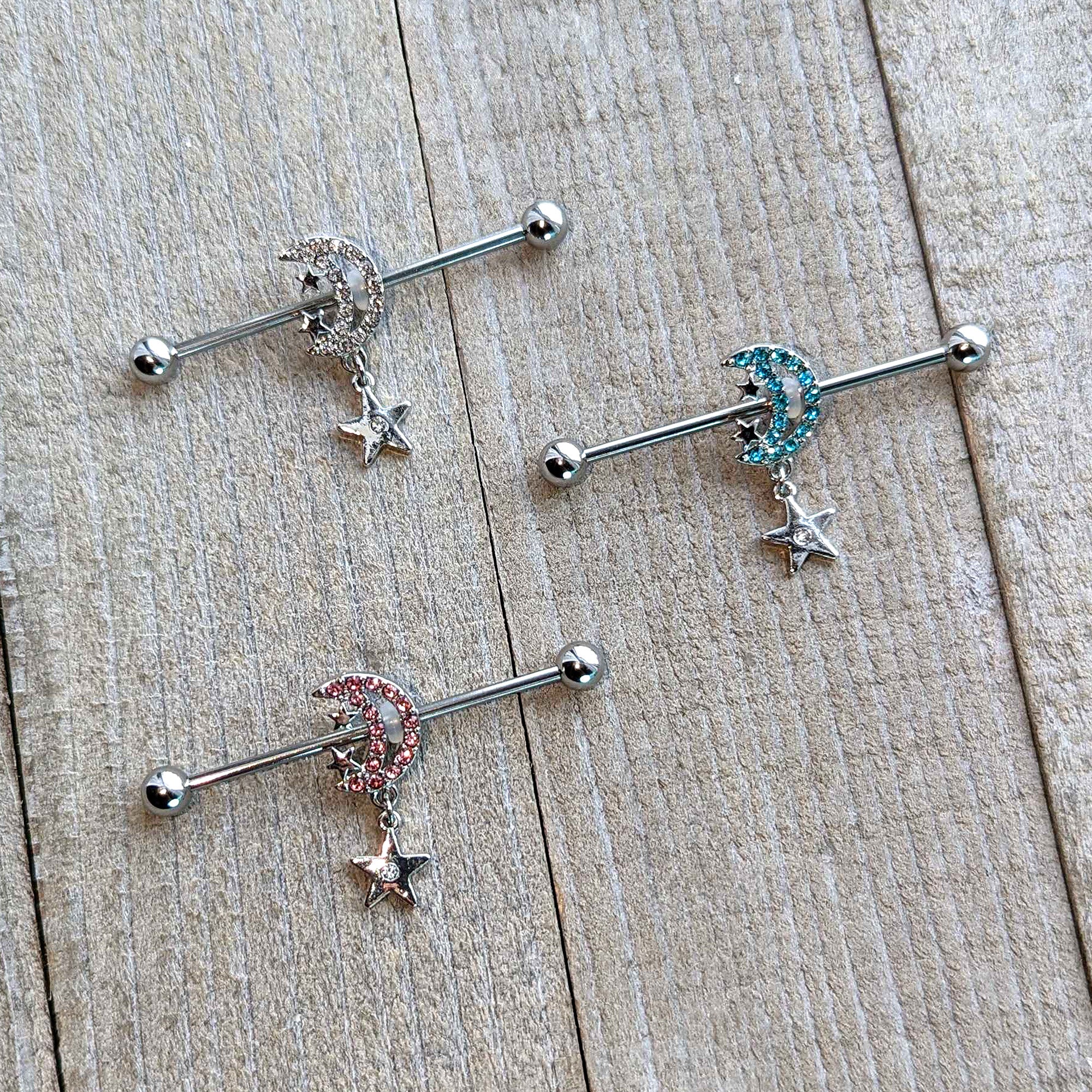 14G Blue CZ Gem Moon Dangle Star Industrial Barbell 38mm - Image 6