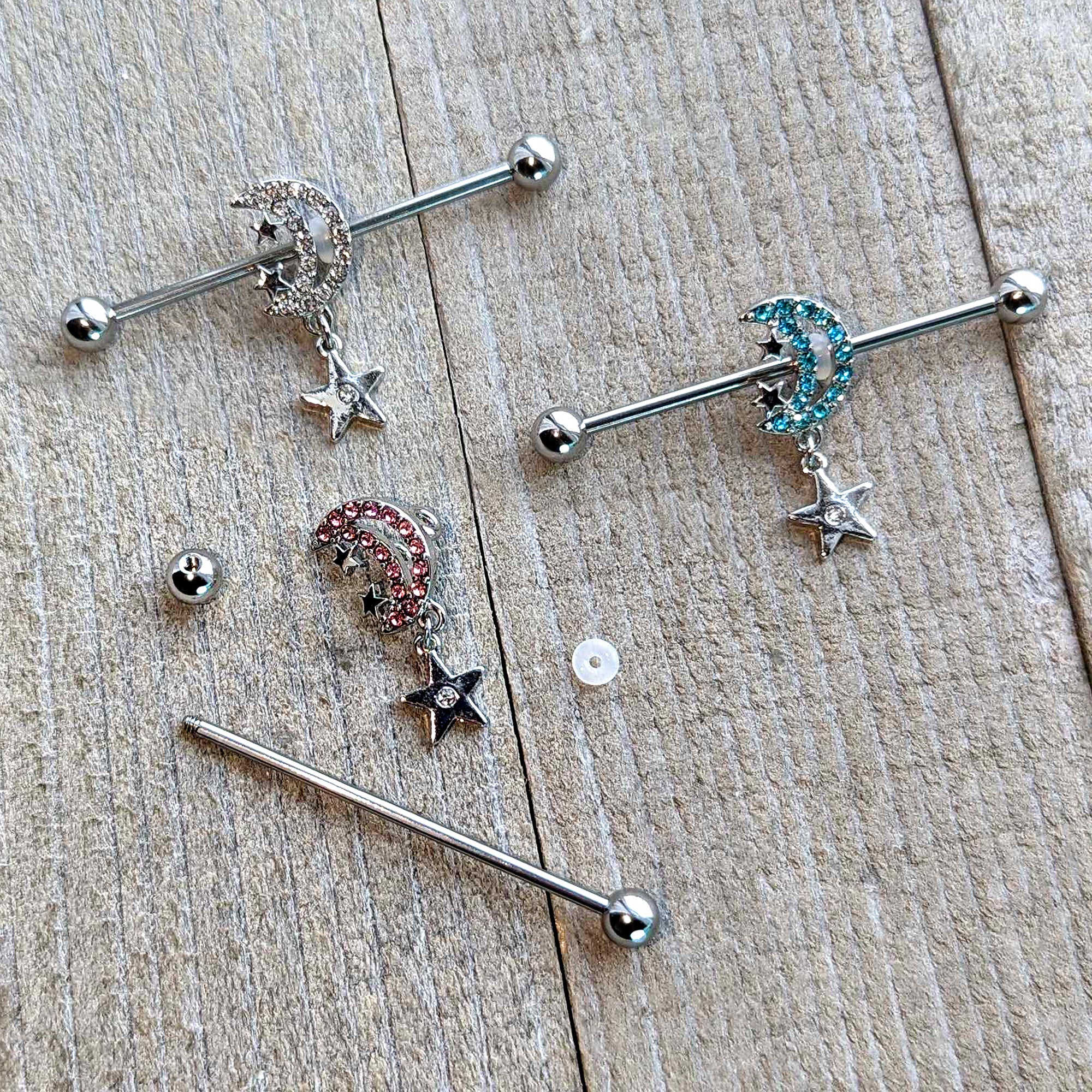 14G Blue CZ Gem Moon Dangle Star Industrial Barbell 38mm - Image 7