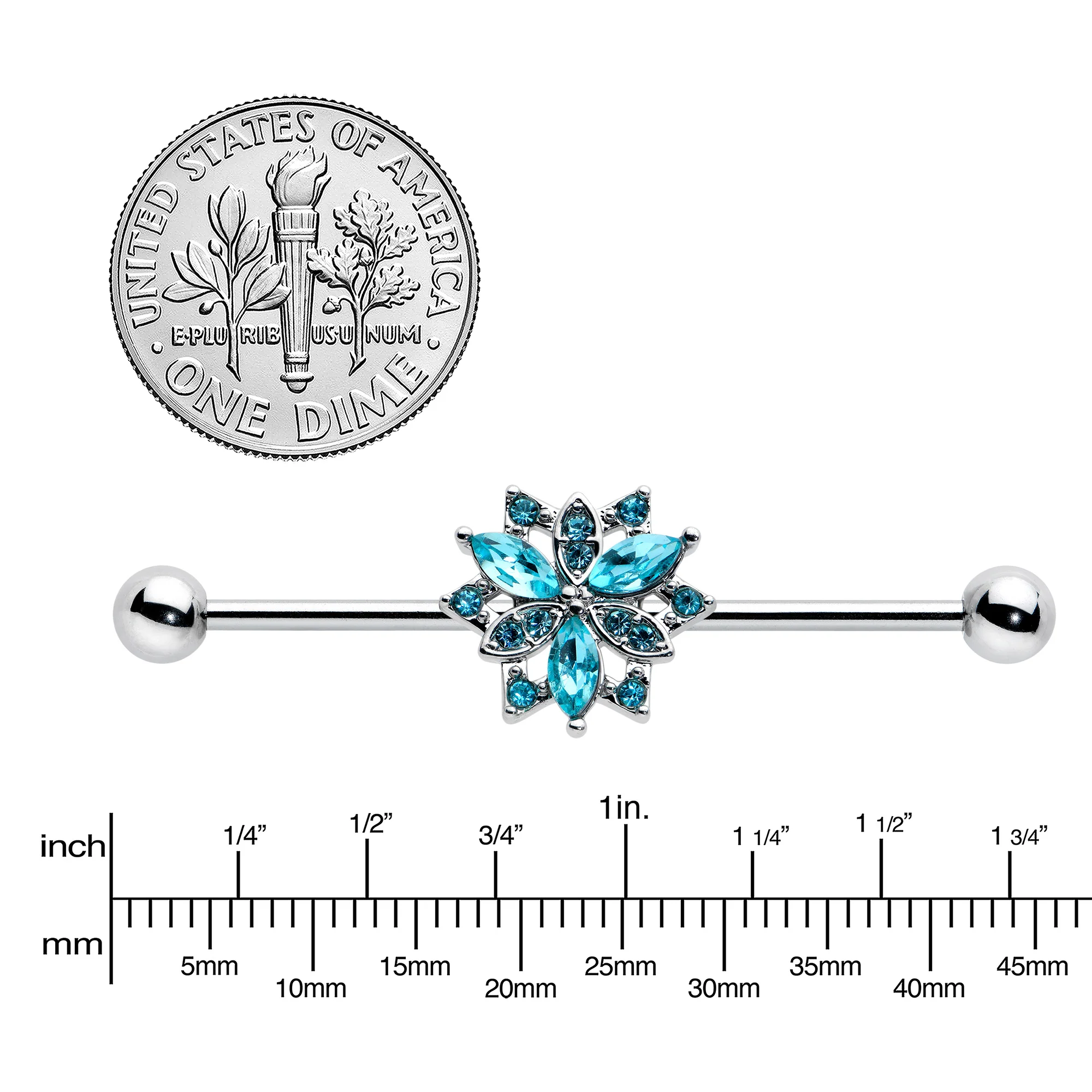 14G Blue CZ Gem Ornate Snowflake Industrial Barbell 38mm - Image 3