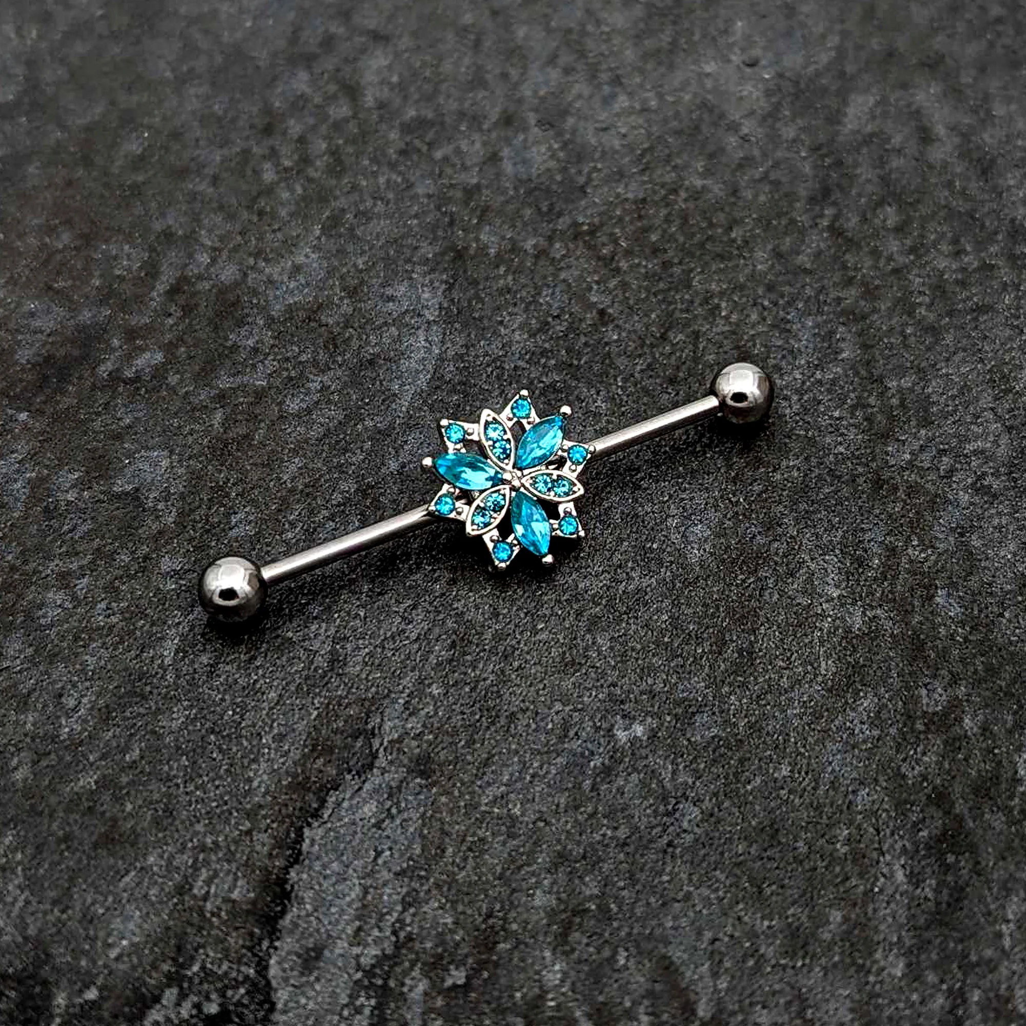 14G Blue CZ Gem Ornate Snowflake Industrial Barbell 38mm - Image 4