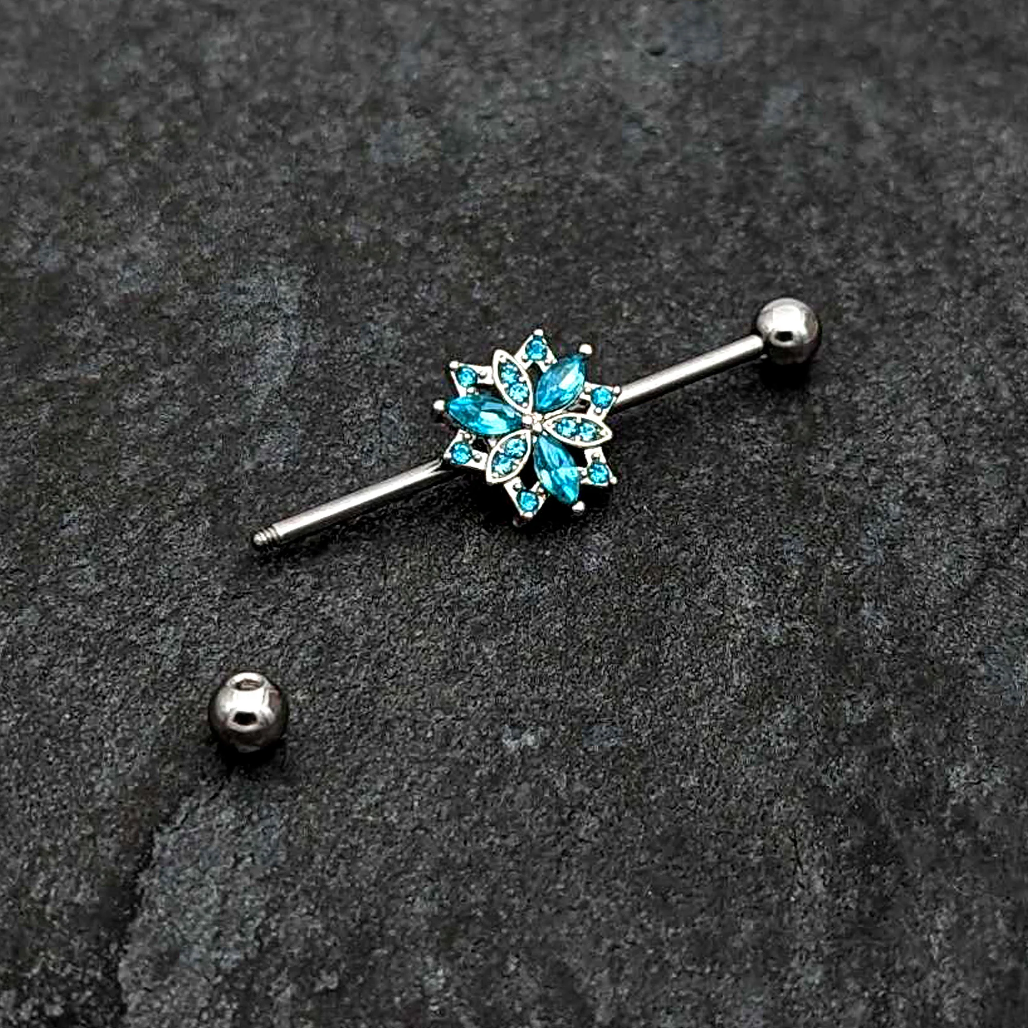 14G Blue CZ Gem Ornate Snowflake Industrial Barbell 38mm - Image 5