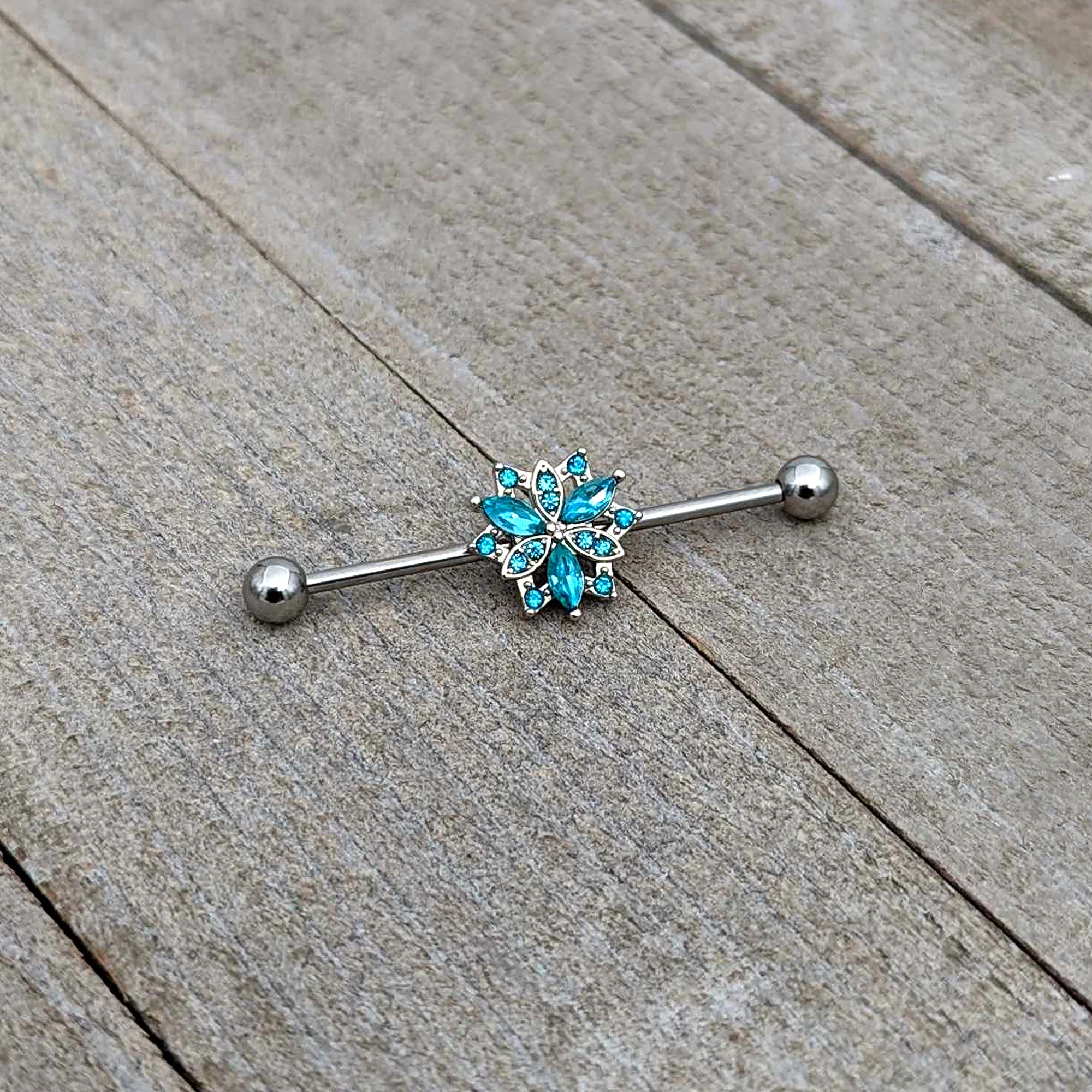 14G Blue CZ Gem Ornate Snowflake Industrial Barbell 38mm - Image 6