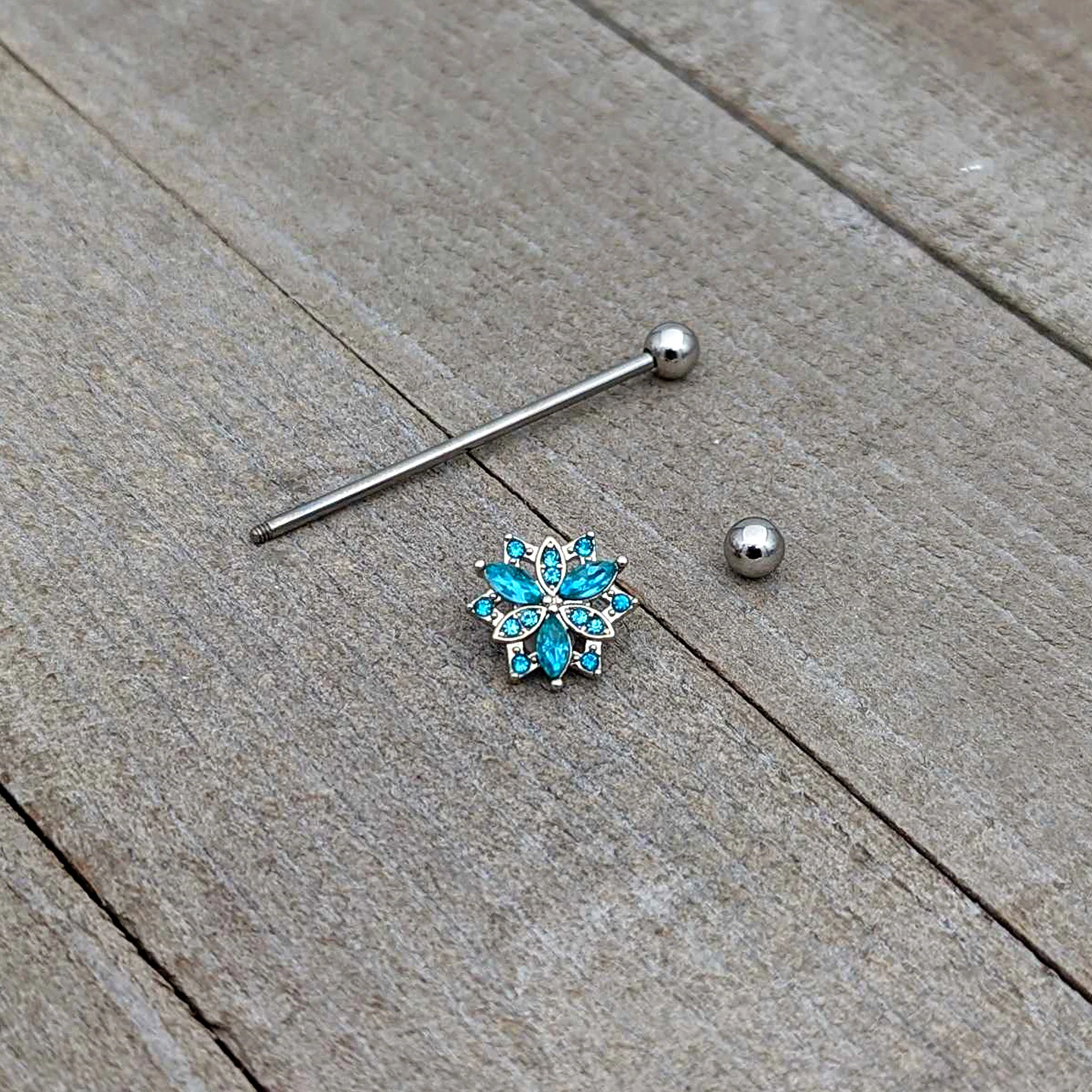 14G Blue CZ Gem Ornate Snowflake Industrial Barbell 38mm - Image 7
