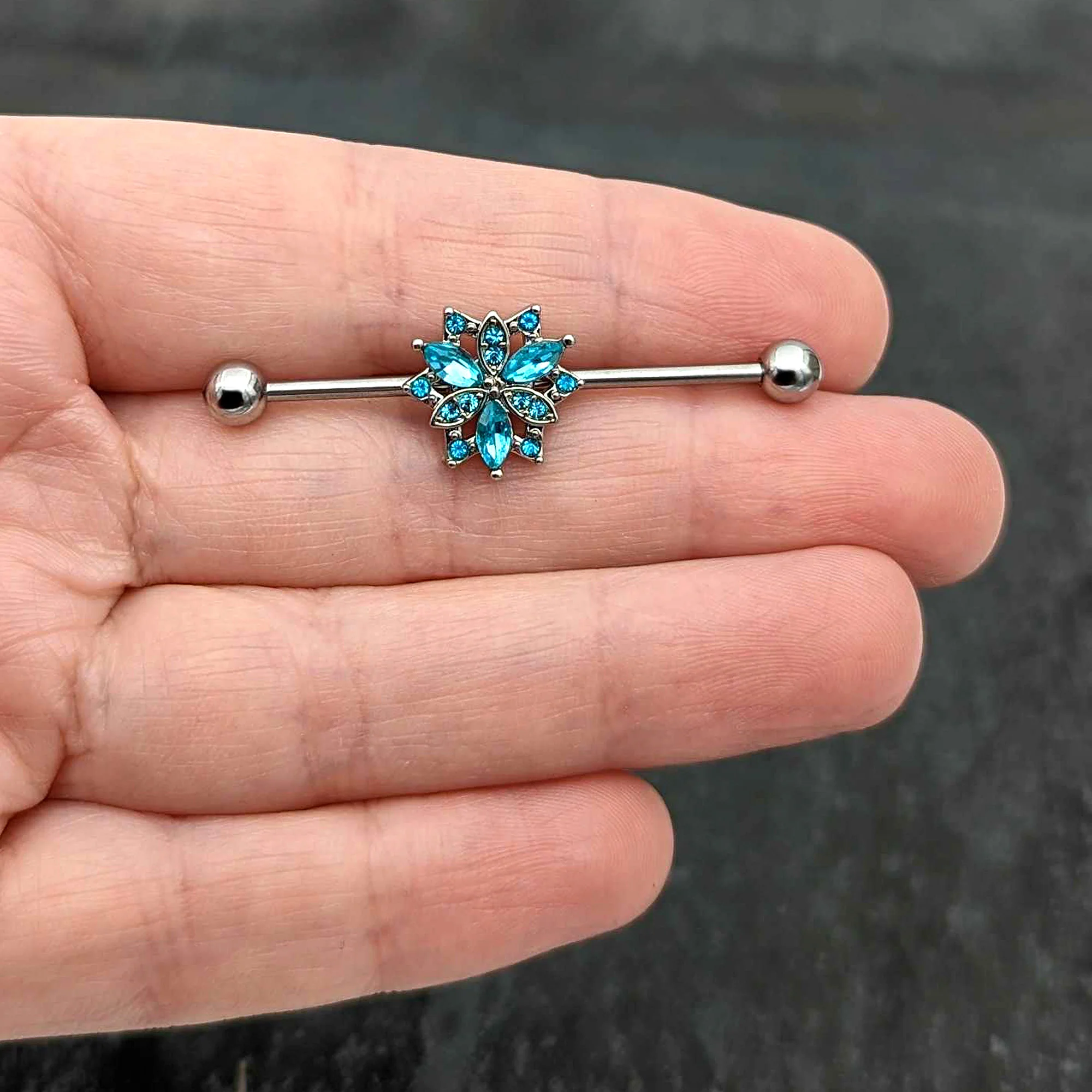 14G Blue CZ Gem Ornate Snowflake Industrial Barbell 38mm - Image 8