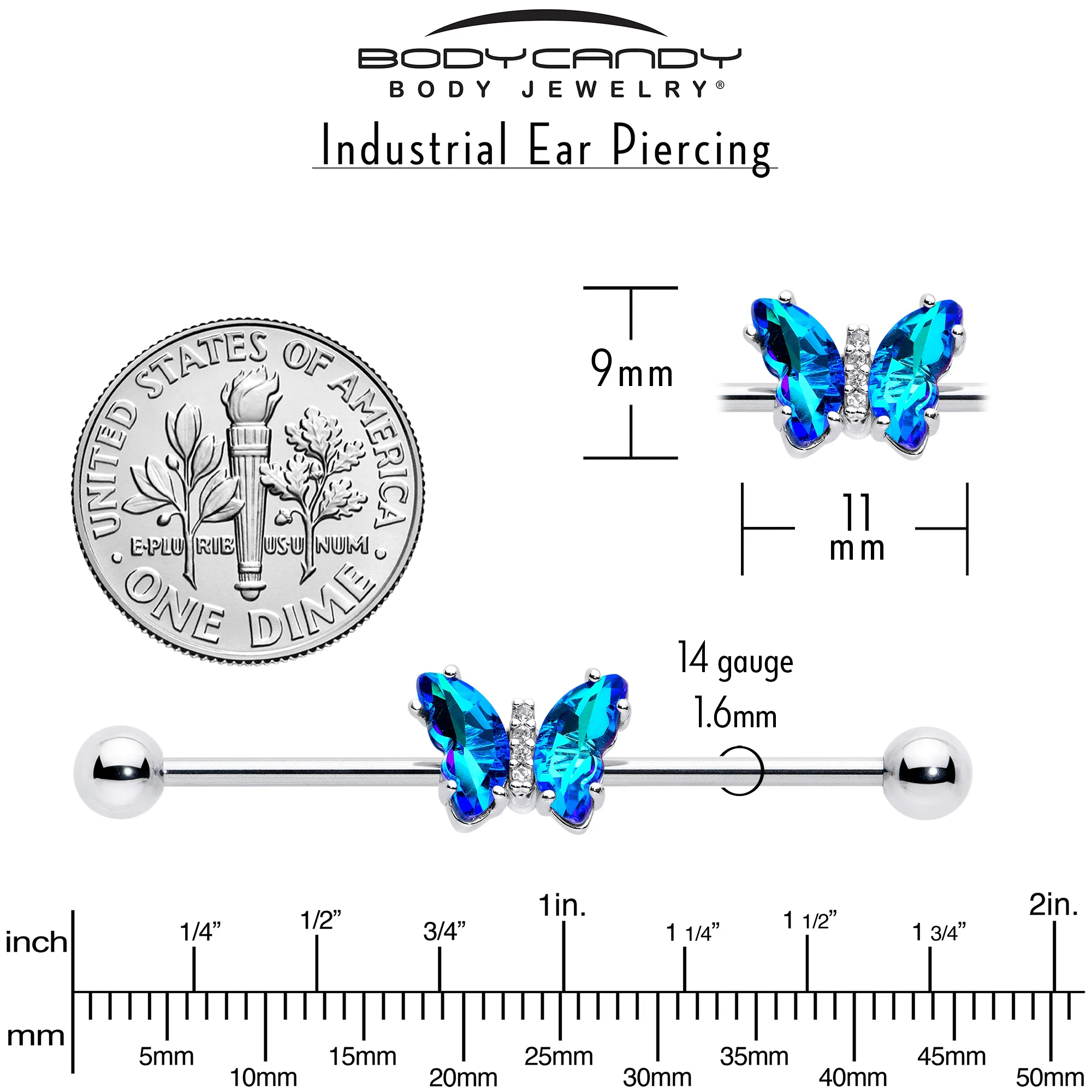 14G Blue CZ Gem Simply Colorful Butterfly Industrial Barbell 38mm - Image 6