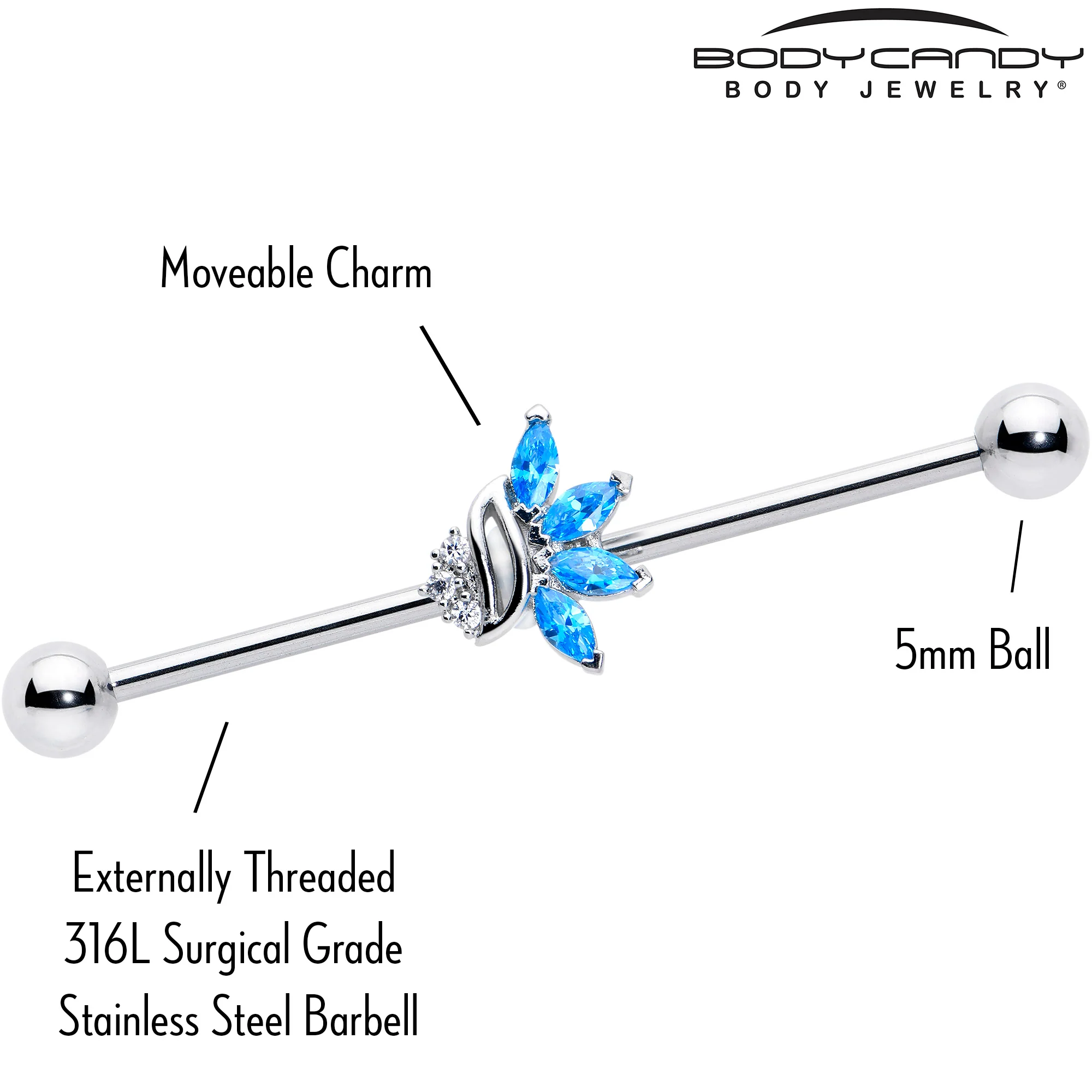 14G Blue CZ Gem Swirl Fan Industrial Barbell 38mm - Image 3
