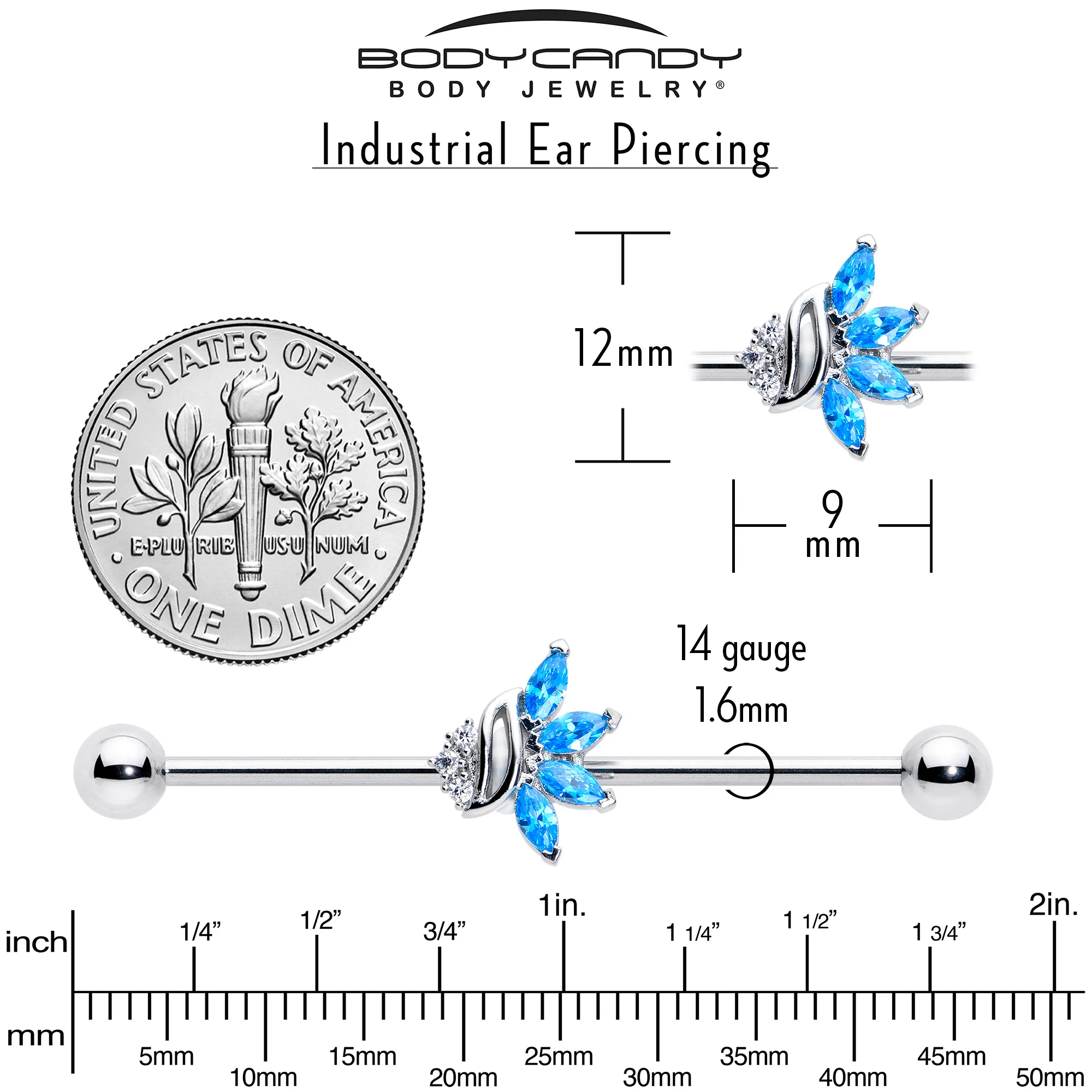 14G Blue CZ Gem Swirl Fan Industrial Barbell 38mm - Image 4