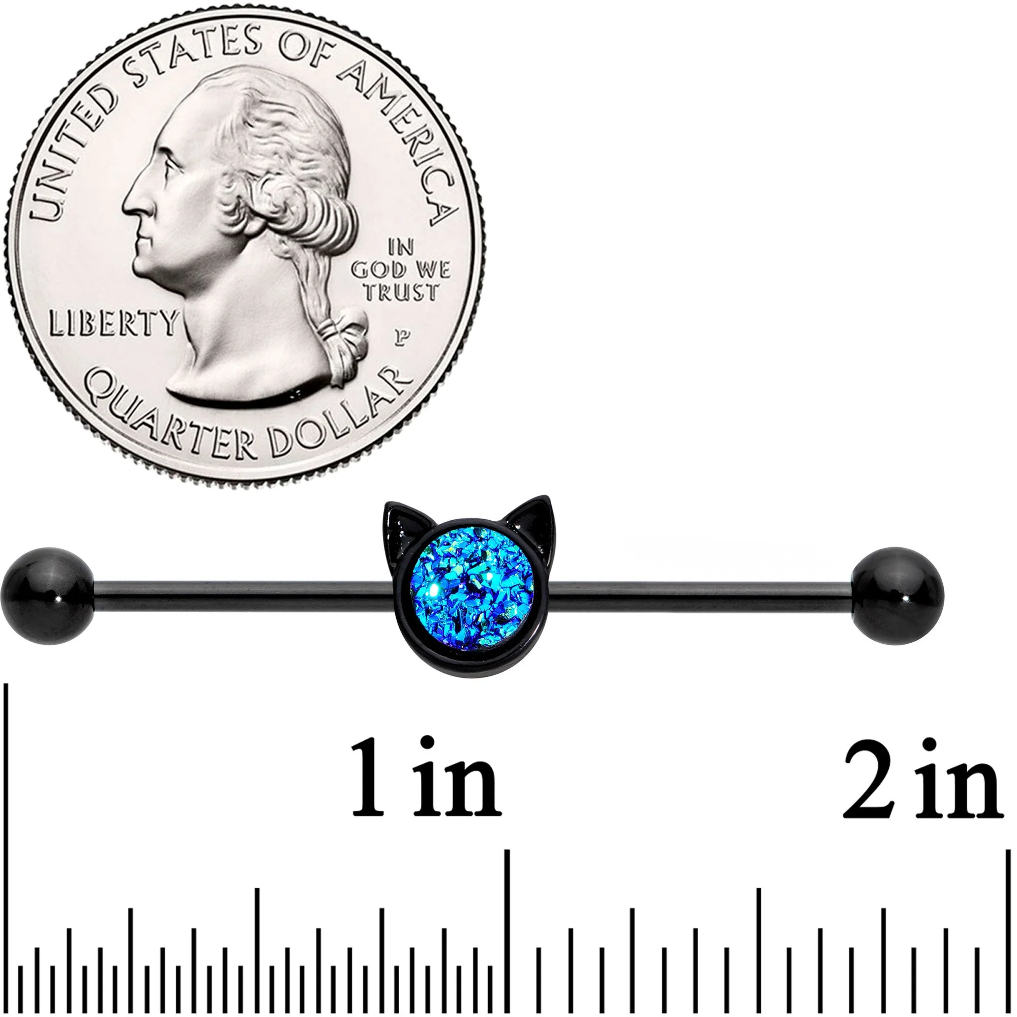 14G Blue Faux Druzy Black Hey Kitty Cat Industrial Barbell 38mm - Image 2