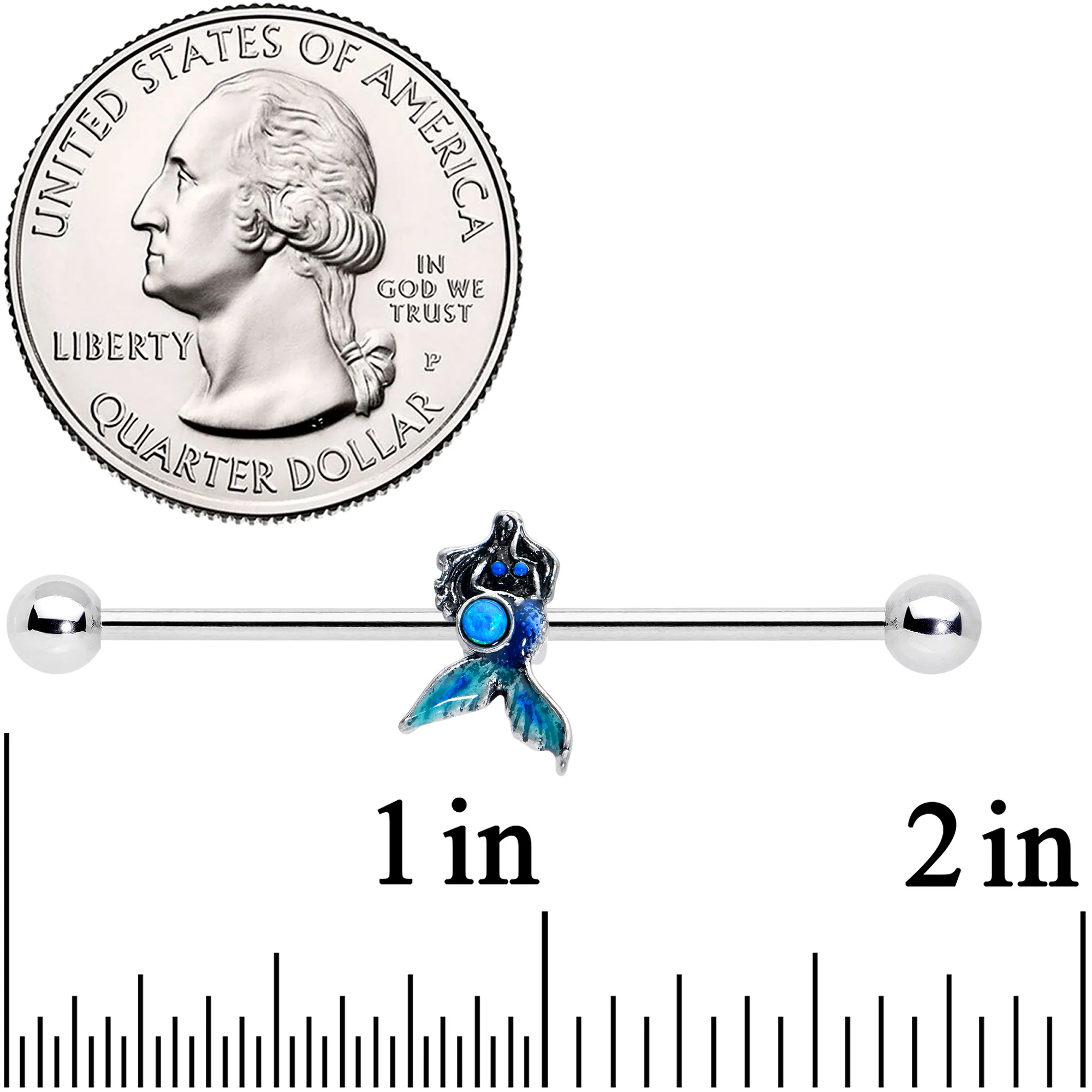 14G Blue Faux Opal Blue Tail Mermaid Industrial Barbell 38mm - Image 2