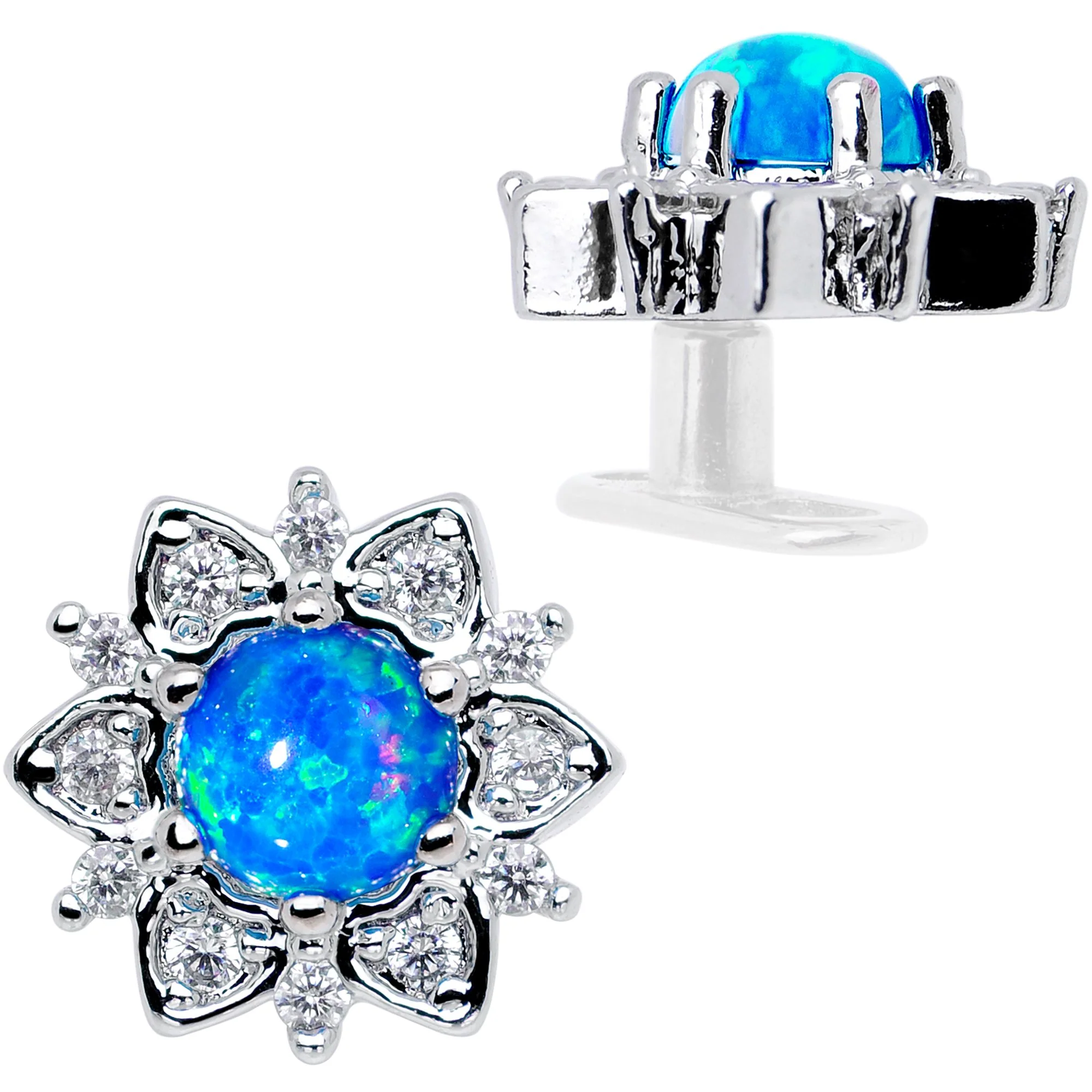 14G Blue Faux Opal Floral Glam Dermal Anchor Top - Image 2