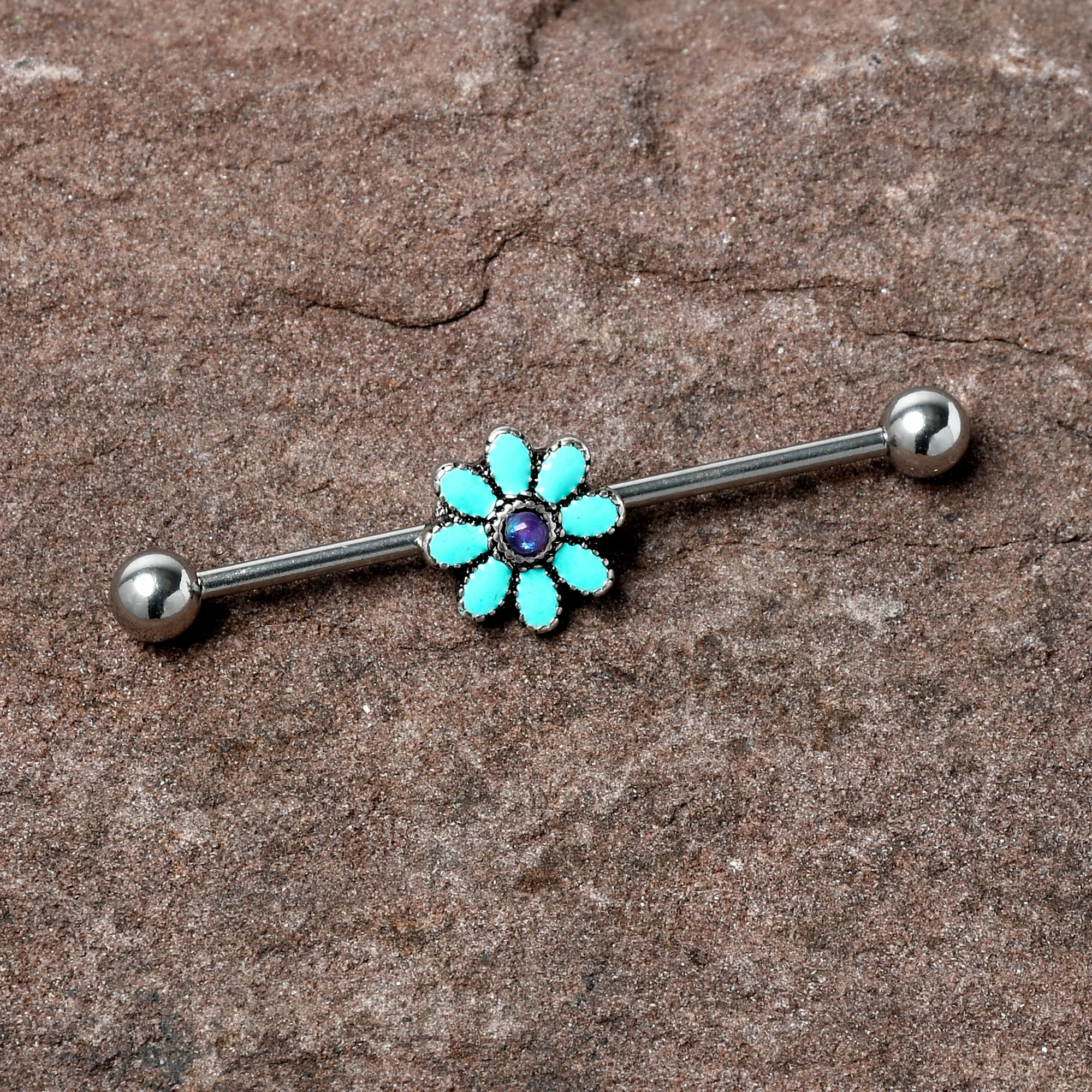 14G Blue Faux Opal Flower Teal Petals Industrial Barbell 38mm - Image 2