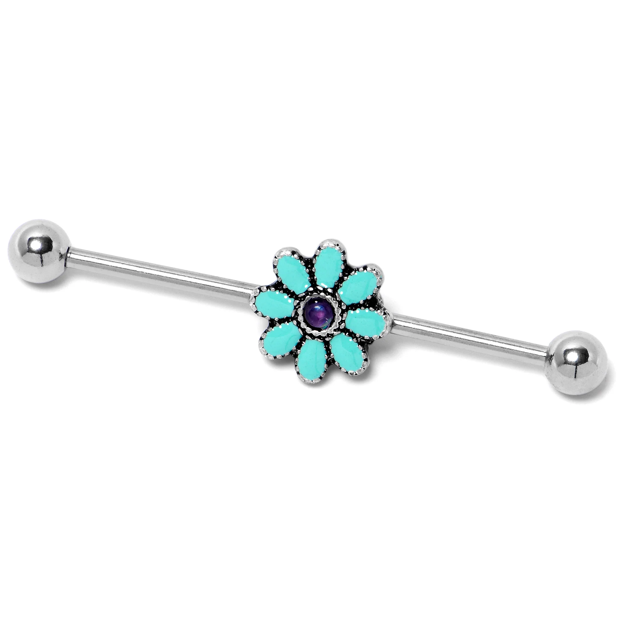 14G Blue Faux Opal Flower Teal Petals Industrial Barbell 38mm - Image 3