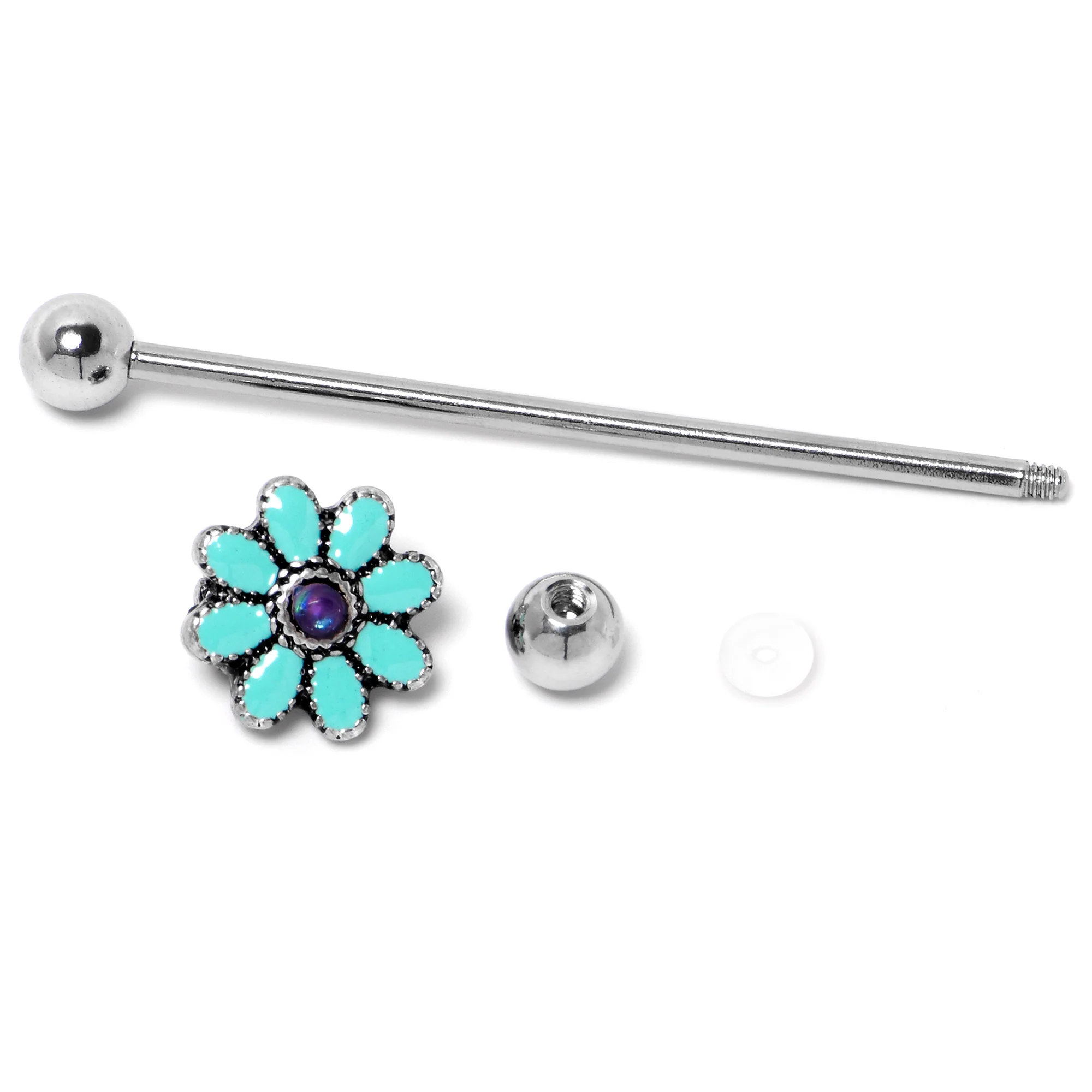 14G Blue Faux Opal Flower Teal Petals Industrial Barbell 38mm - Image 4