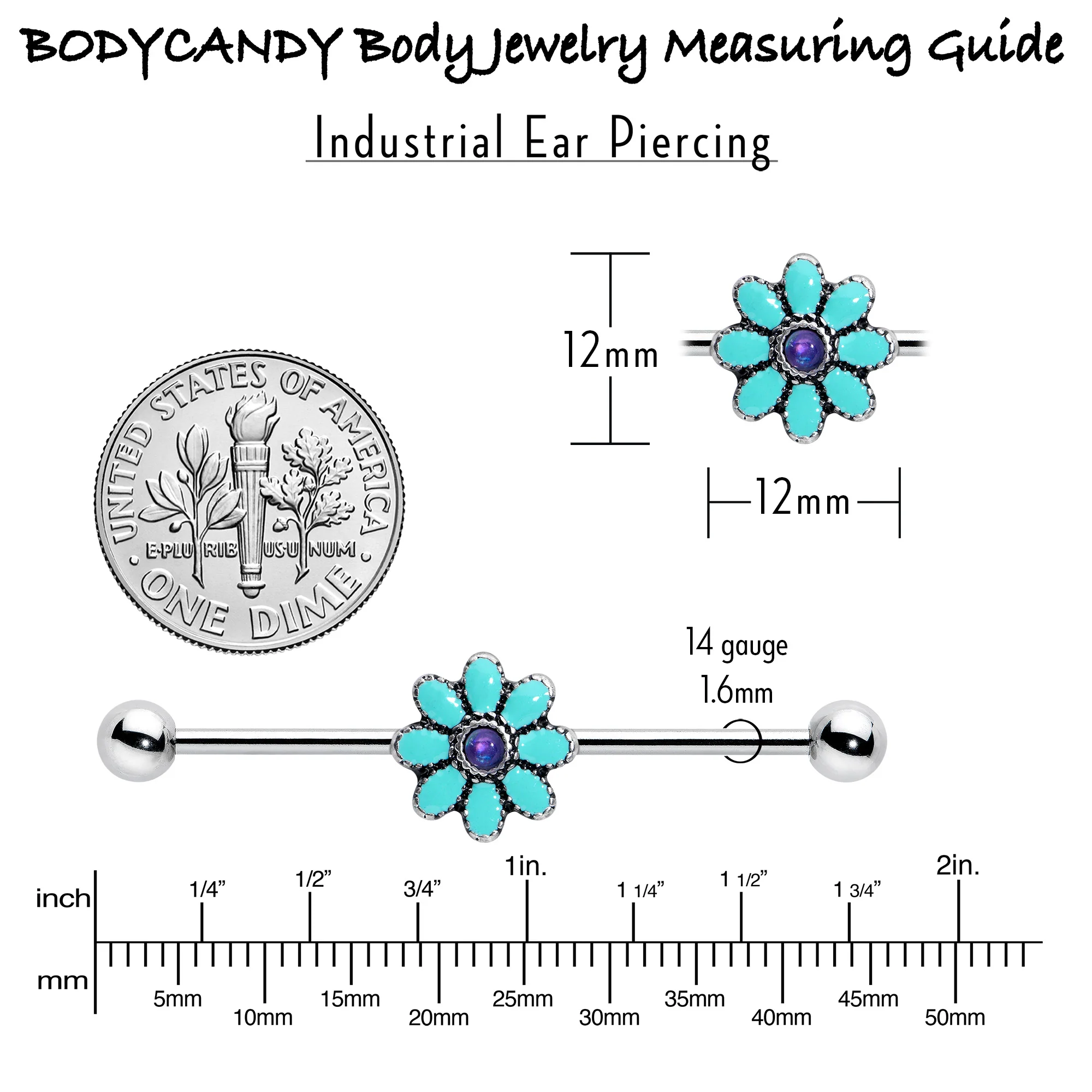 14G Blue Faux Opal Flower Teal Petals Industrial Barbell 38mm - Image 7