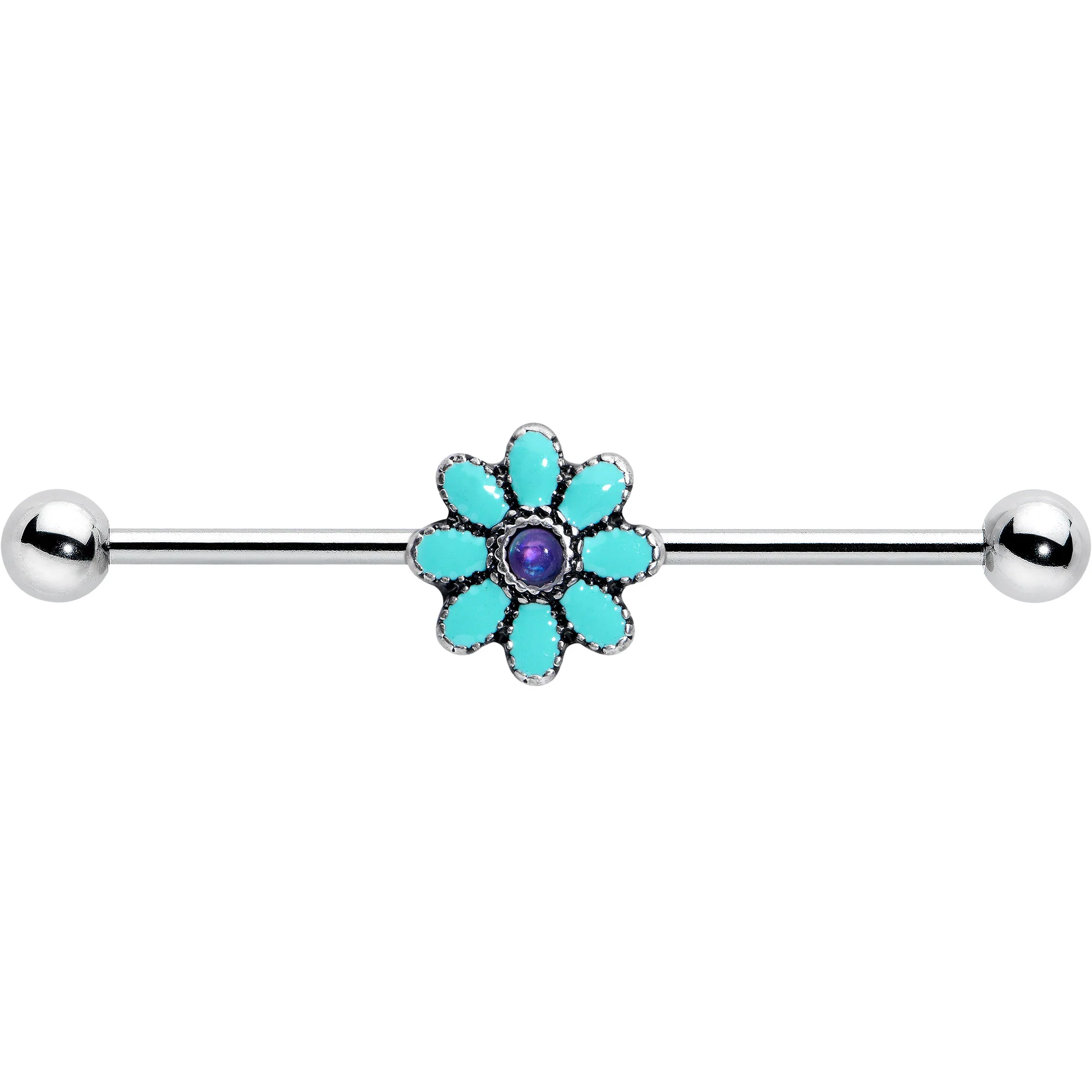 14G Blue Faux Opal Flower Teal Petals Industrial Barbell 38mm - Image 8