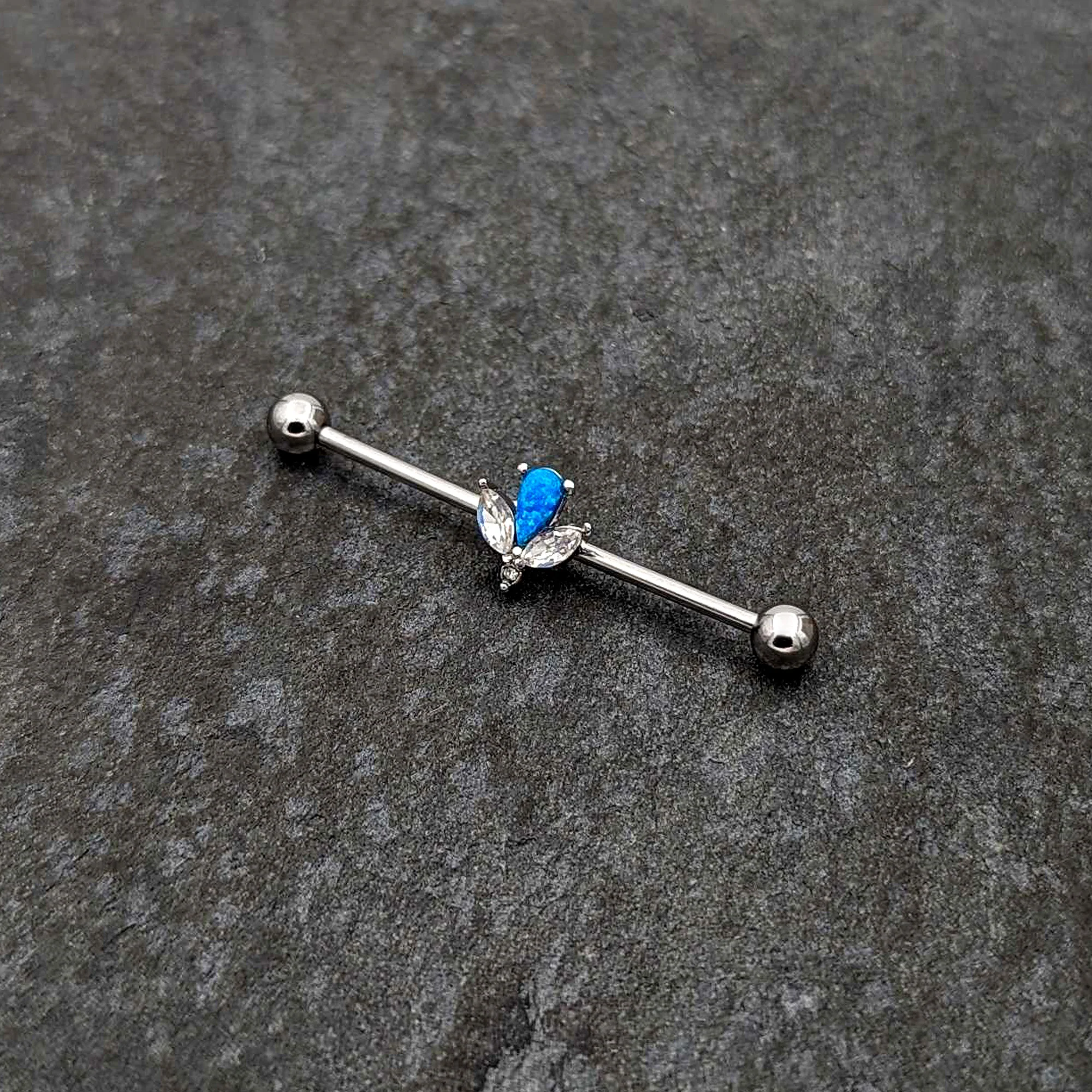 14G Blue Faux Opal Style Flower Industrial Barbell 38mm - Image 4