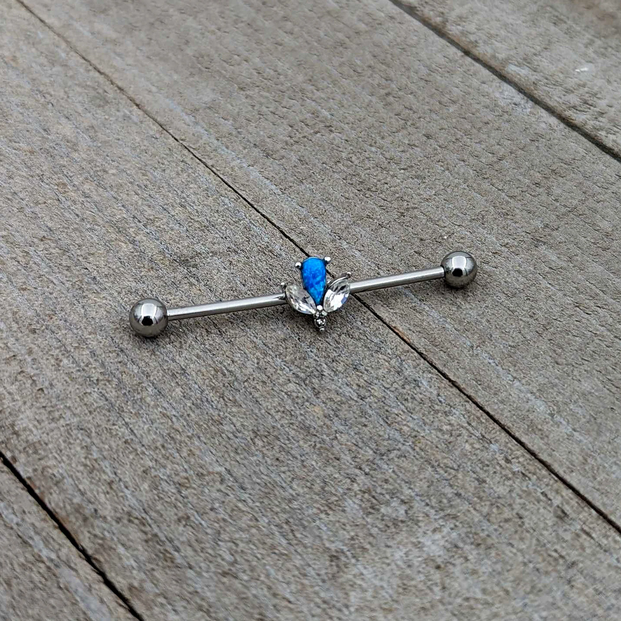 14G Blue Faux Opal Style Flower Industrial Barbell 38mm - Image 5