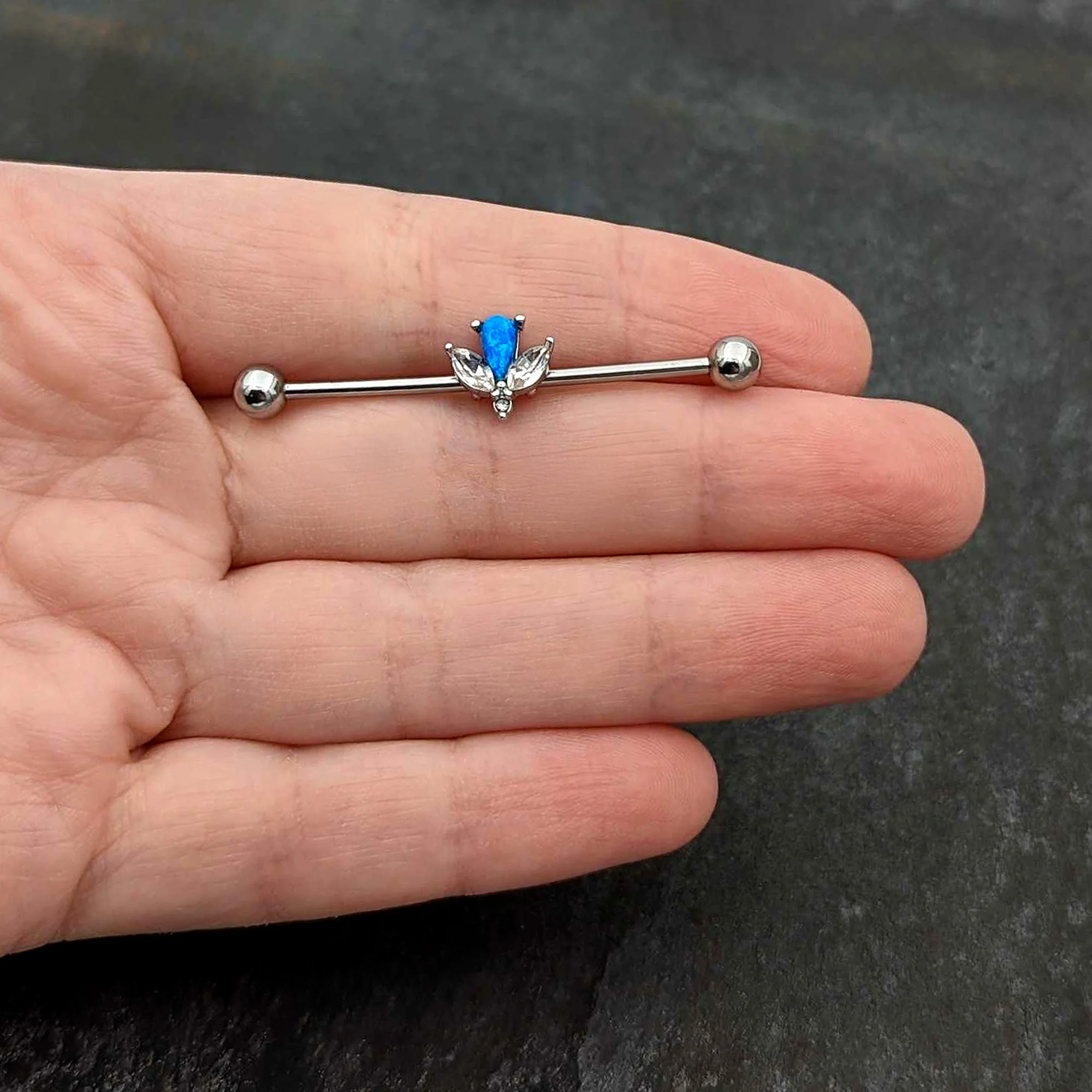 14G Blue Faux Opal Style Flower Industrial Barbell 38mm - Image 7