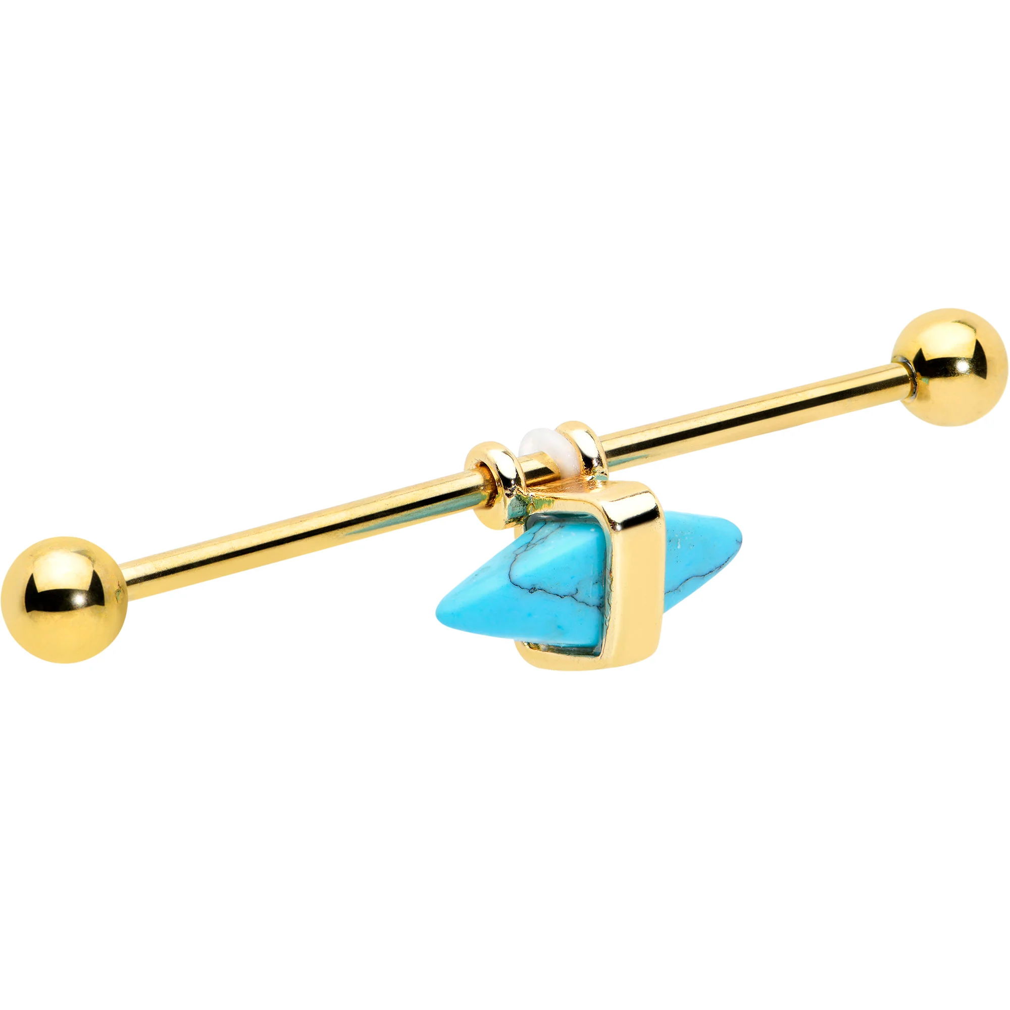 14G Blue Faux Turquoise Gold Tone Stone Hippie Industrial Barbell 38mm - Image 2