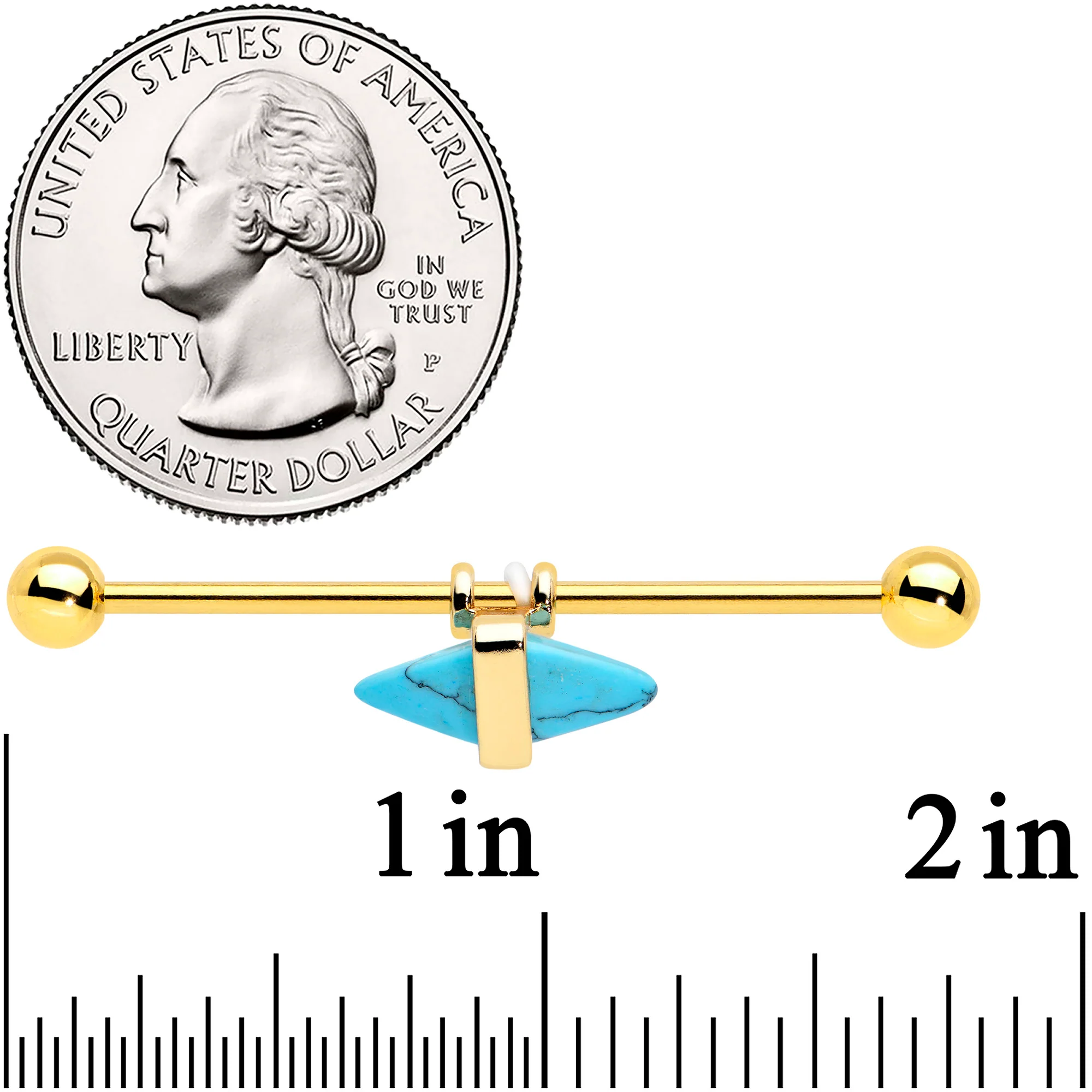 14G Blue Faux Turquoise Gold Tone Stone Hippie Industrial Barbell 38mm - Image 3