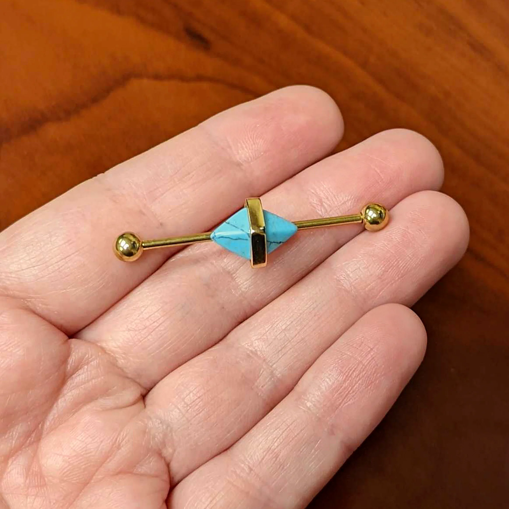 14G Blue Faux Turquoise Gold Tone Stone Hippie Industrial Barbell 38mm - Image 4