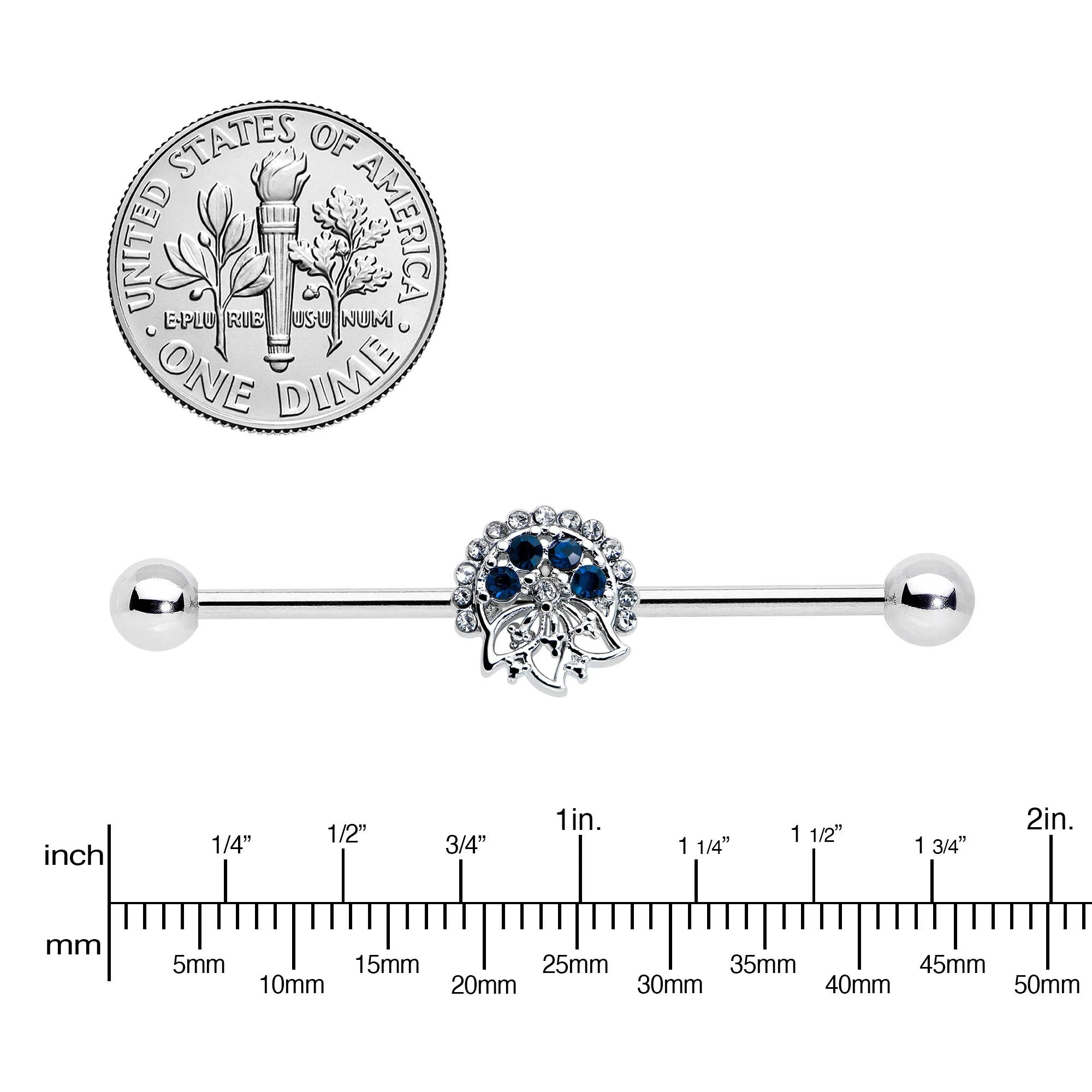 14G Blue Gem Abstract Arch Industrial Barbell 38mm - Image 3