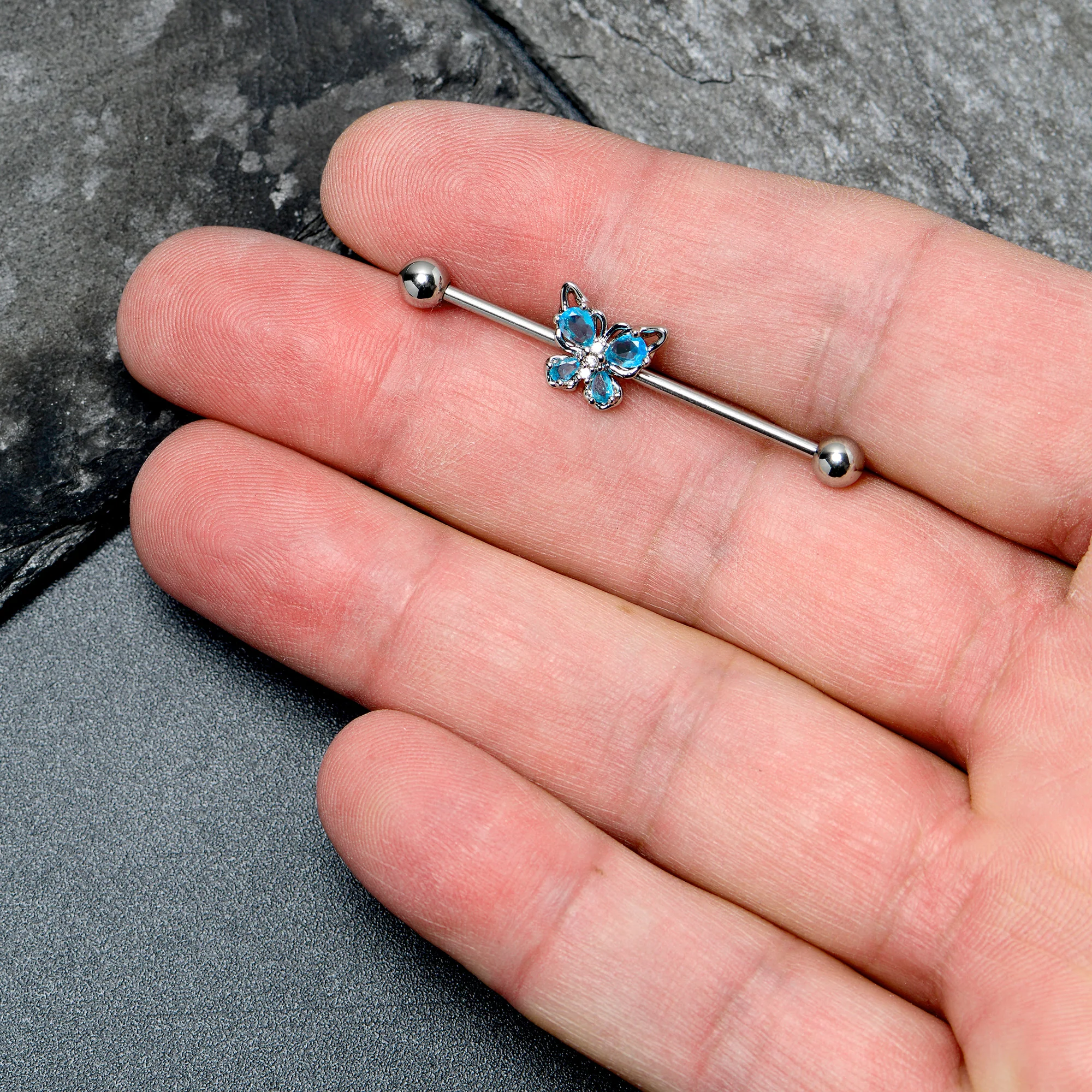 14G Blue Gem Baroque Beauty Butterfly Industrial Barbell 38mm - Image 3