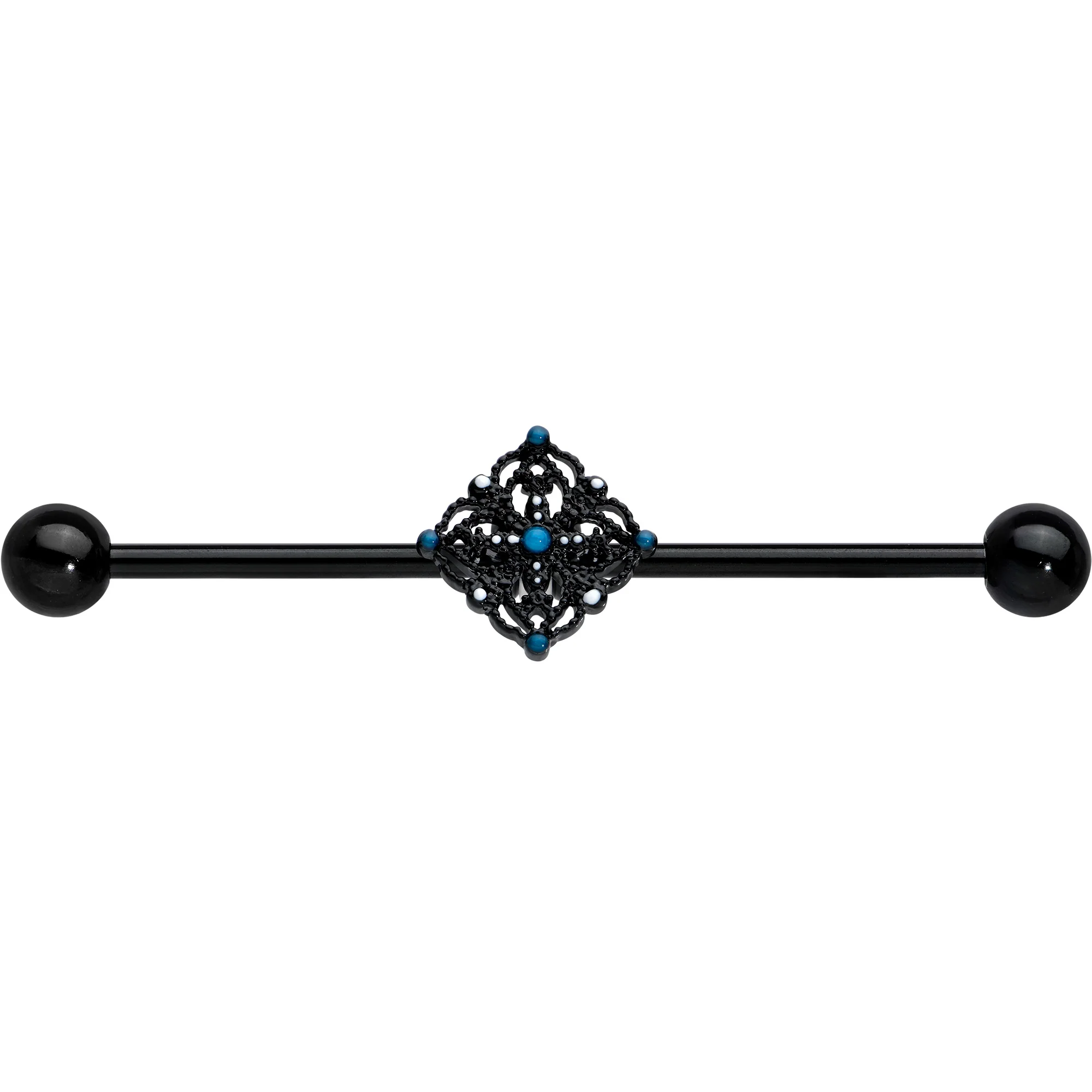 14G Blue Gem Black Lacy Rhombus Industrial Barbell 38mm - Image 2