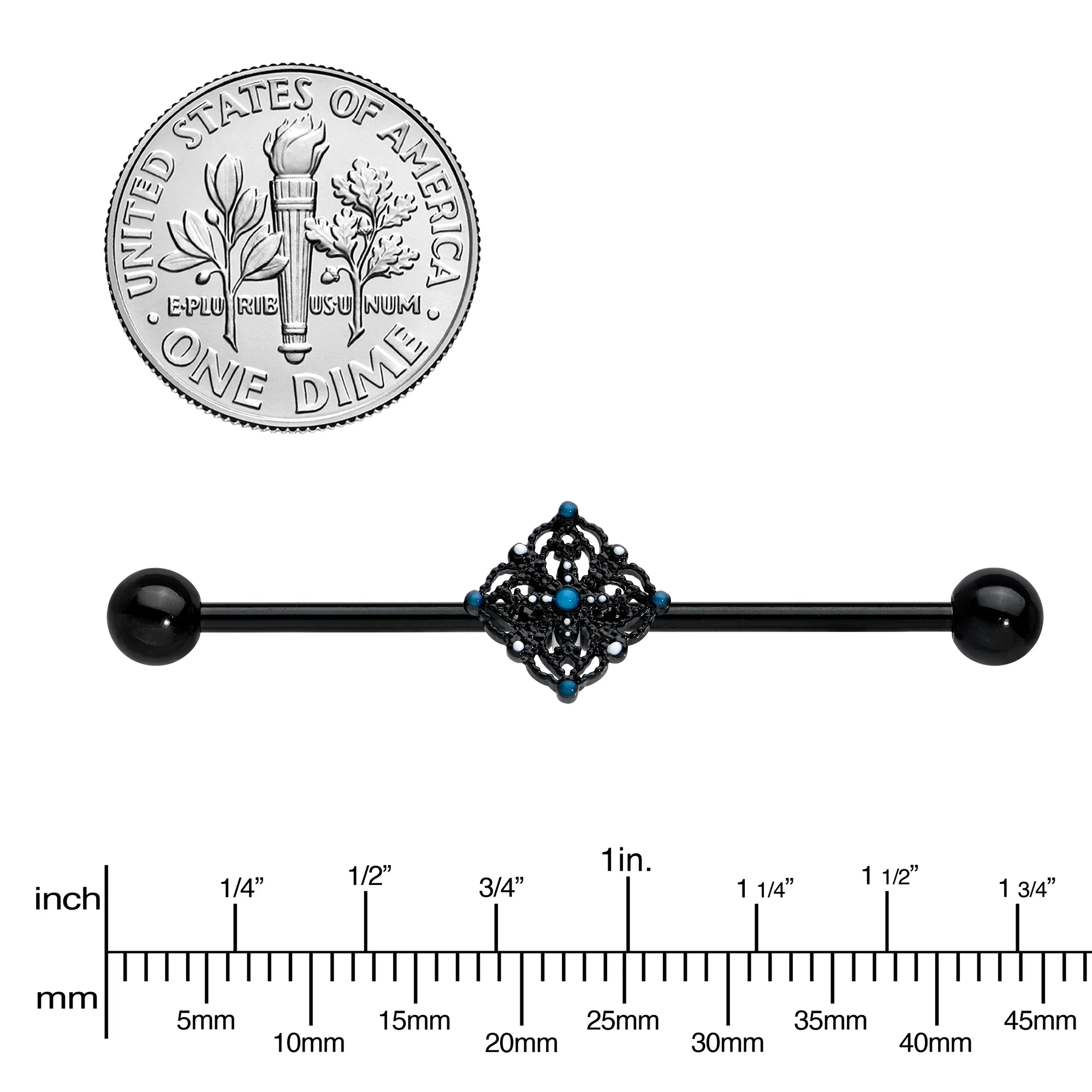 14G Blue Gem Black Lacy Rhombus Industrial Barbell 38mm - Image 3