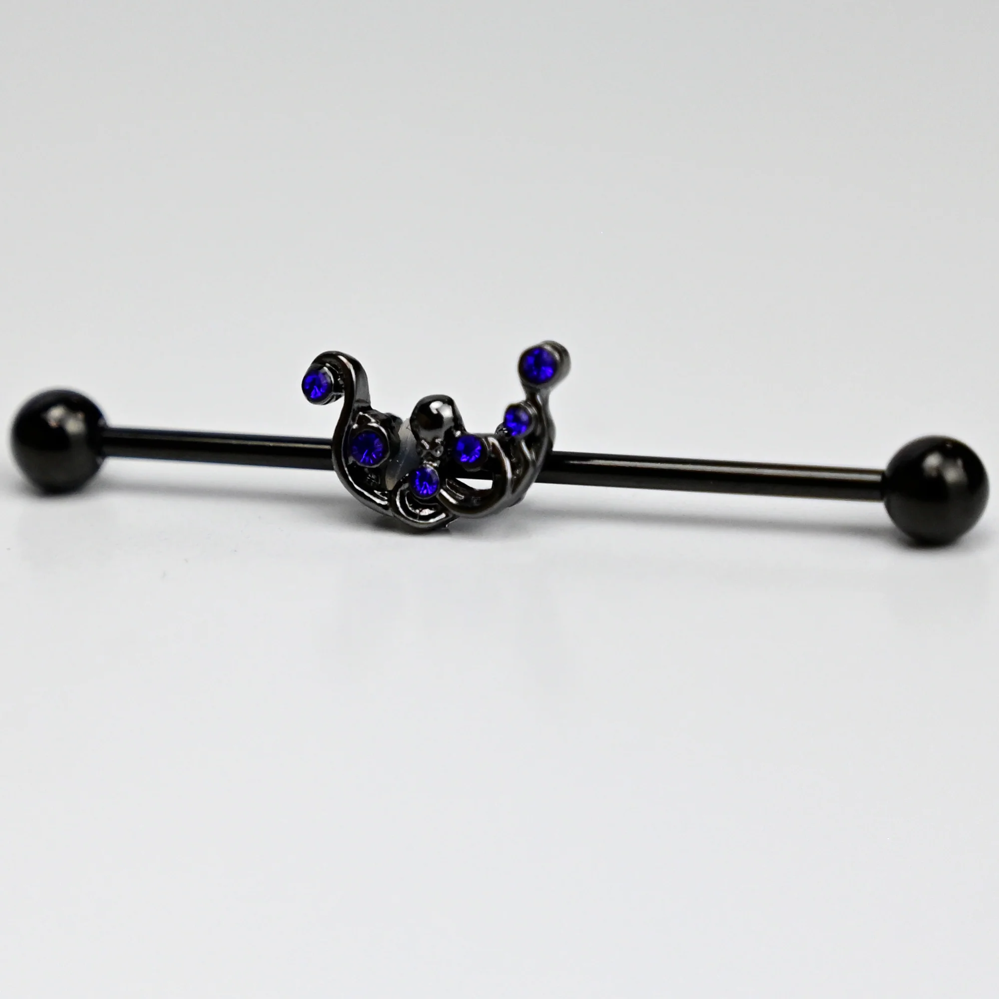14G Blue Gem Black Scrolling Elegance Industrial Barbell 38mm - Image 2