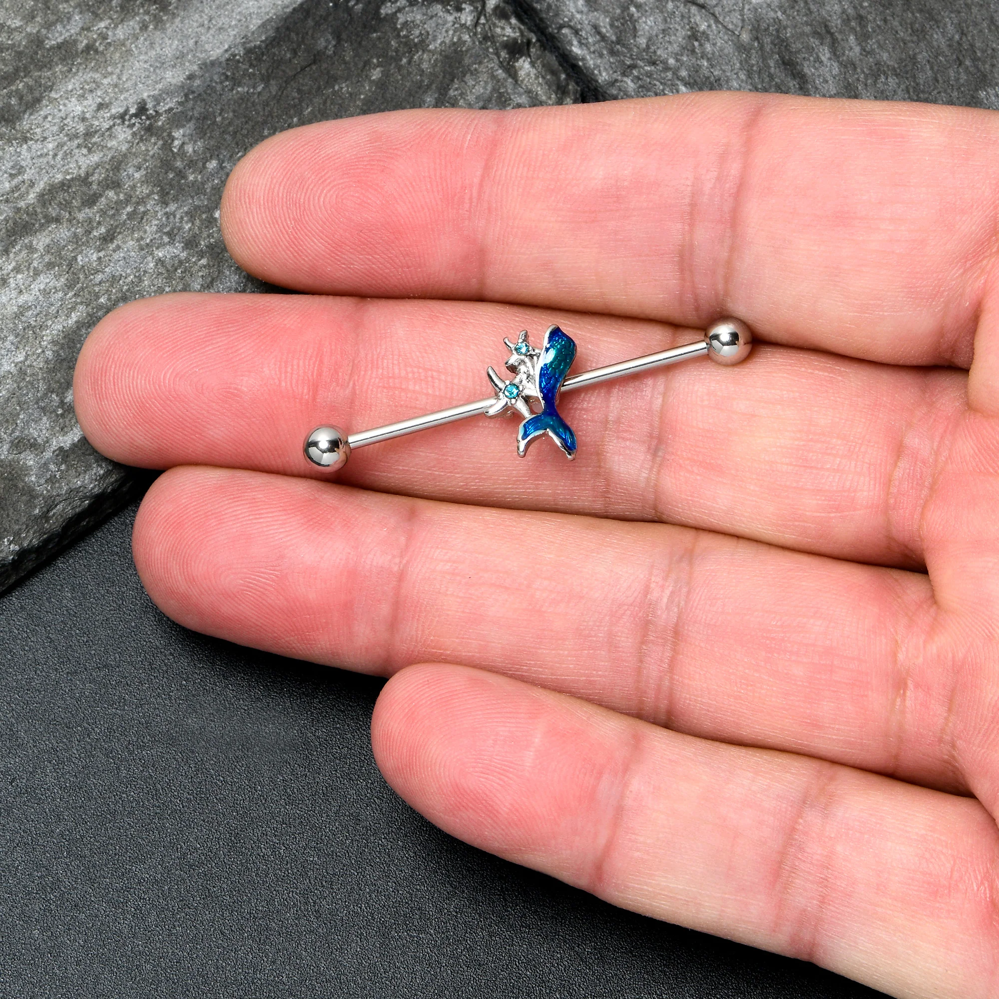14G Blue Gem Blue Mermaid Tail Star Industrial Barbell 38mm - Image 3