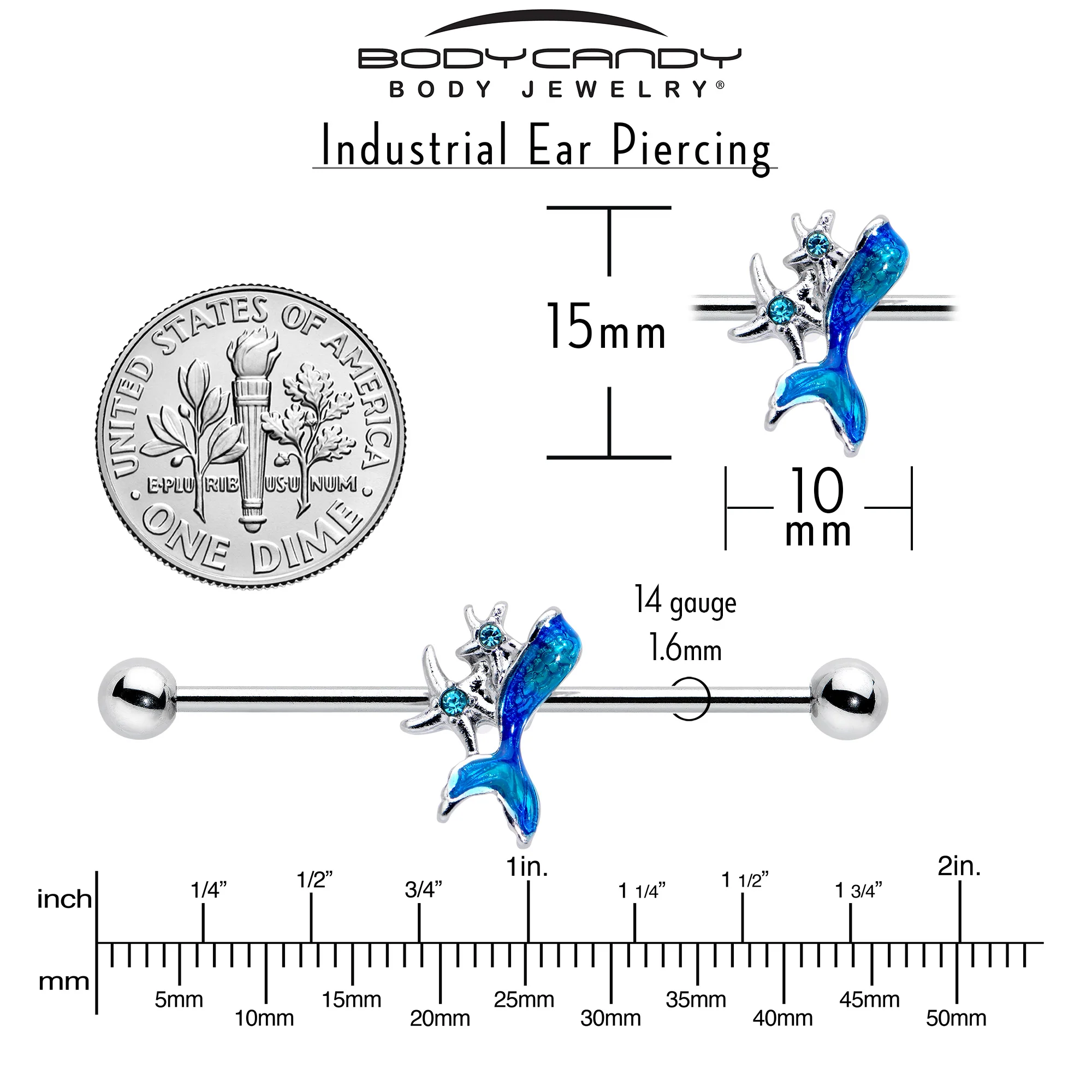 14G Blue Gem Blue Mermaid Tail Star Industrial Barbell 38mm - Image 4