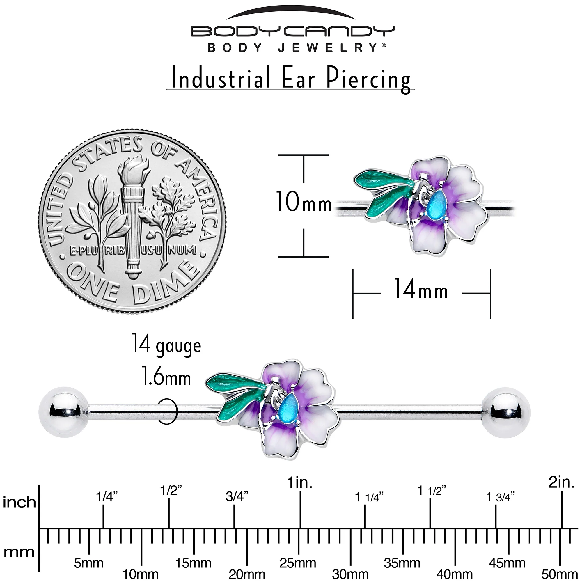 14G Blue Gem Faerie Flower Purple Industrial Barbell 38mm - Image 5