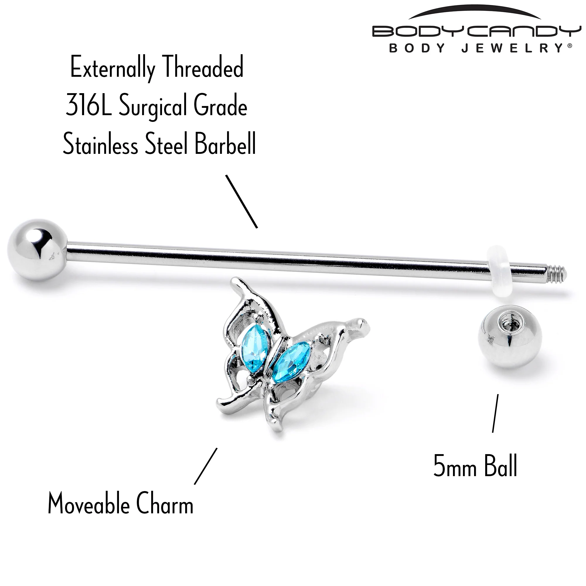14G Blue Gem Fancy Fab Butterfly Industrial Barbell 38mm - Image 6