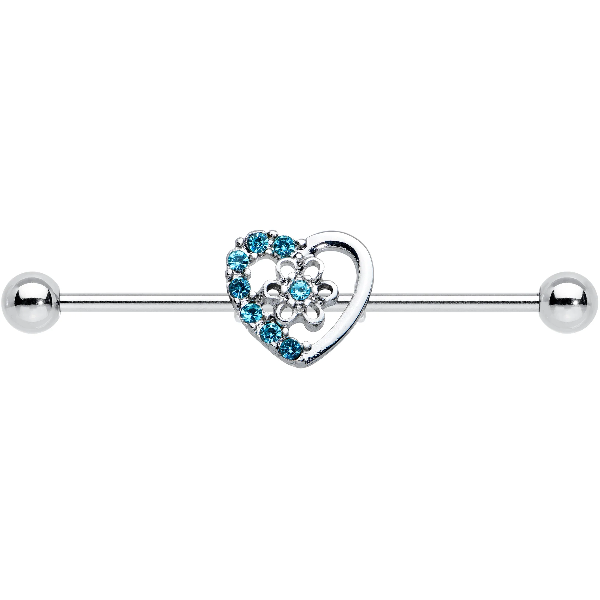 14G Blue Gem Floral Hollow Heart Industrial Barbell 38mm - Image 2