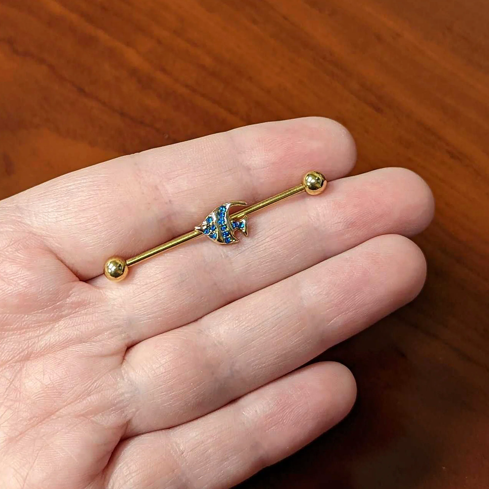 14G Blue Gem Gold Tone Adorable Angelfish Industrial Barbell 38mm - Image 3