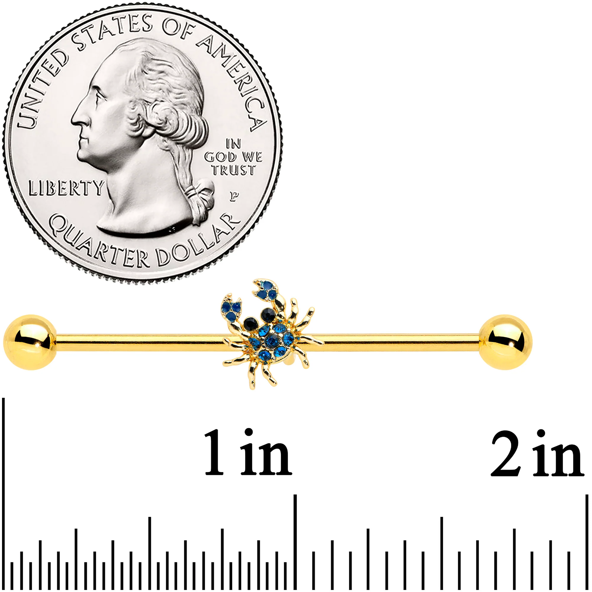 14G Blue Gem Gold Tone Blue Crab Nautical Industrial Barbell 38mm - Image 2